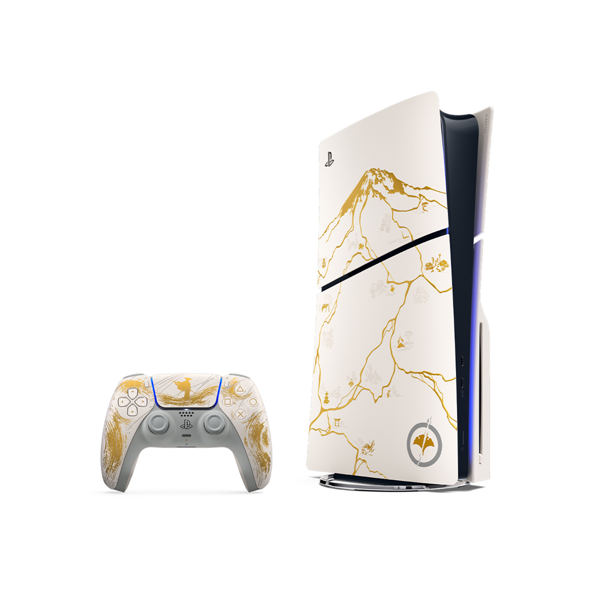 PS5《羊蹄山戰鬼》黃金限量版同捆組，主機和無線控制器圖