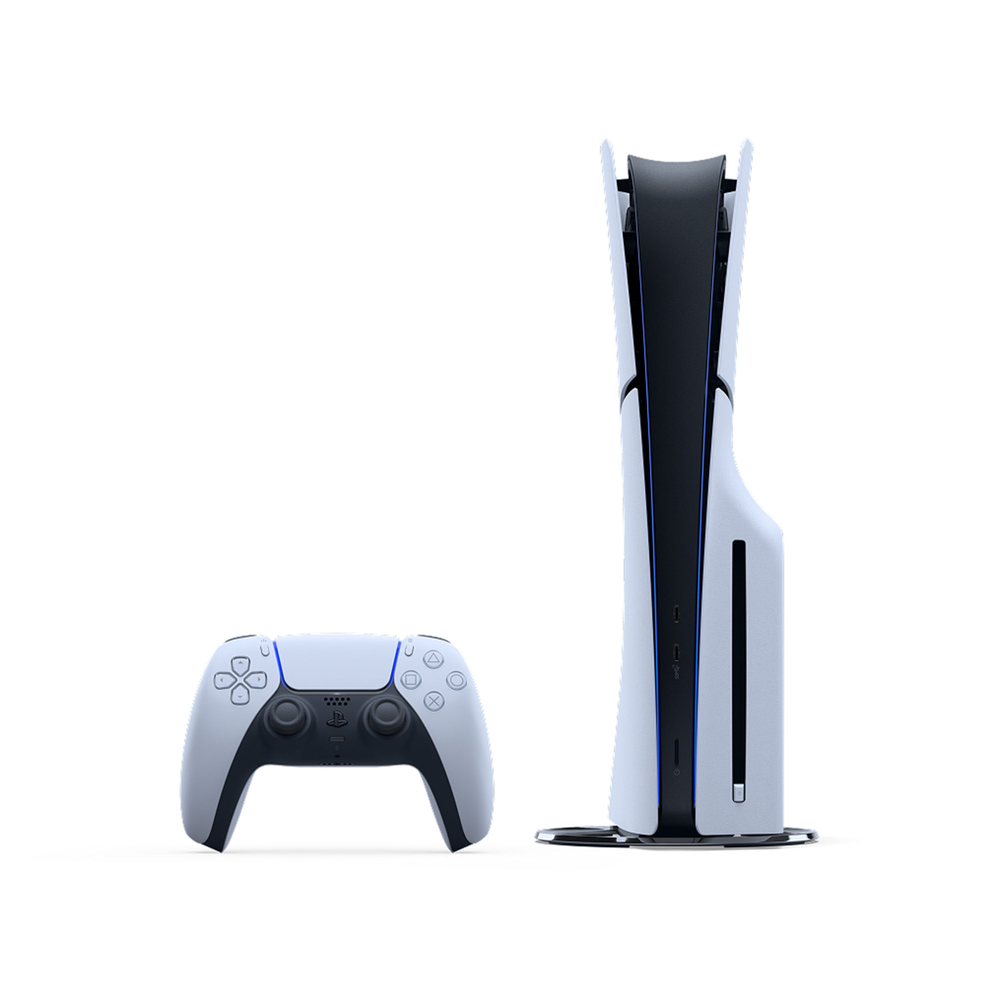 PS5光碟版主機(Slim)正面圖示，左邊為無線控制器