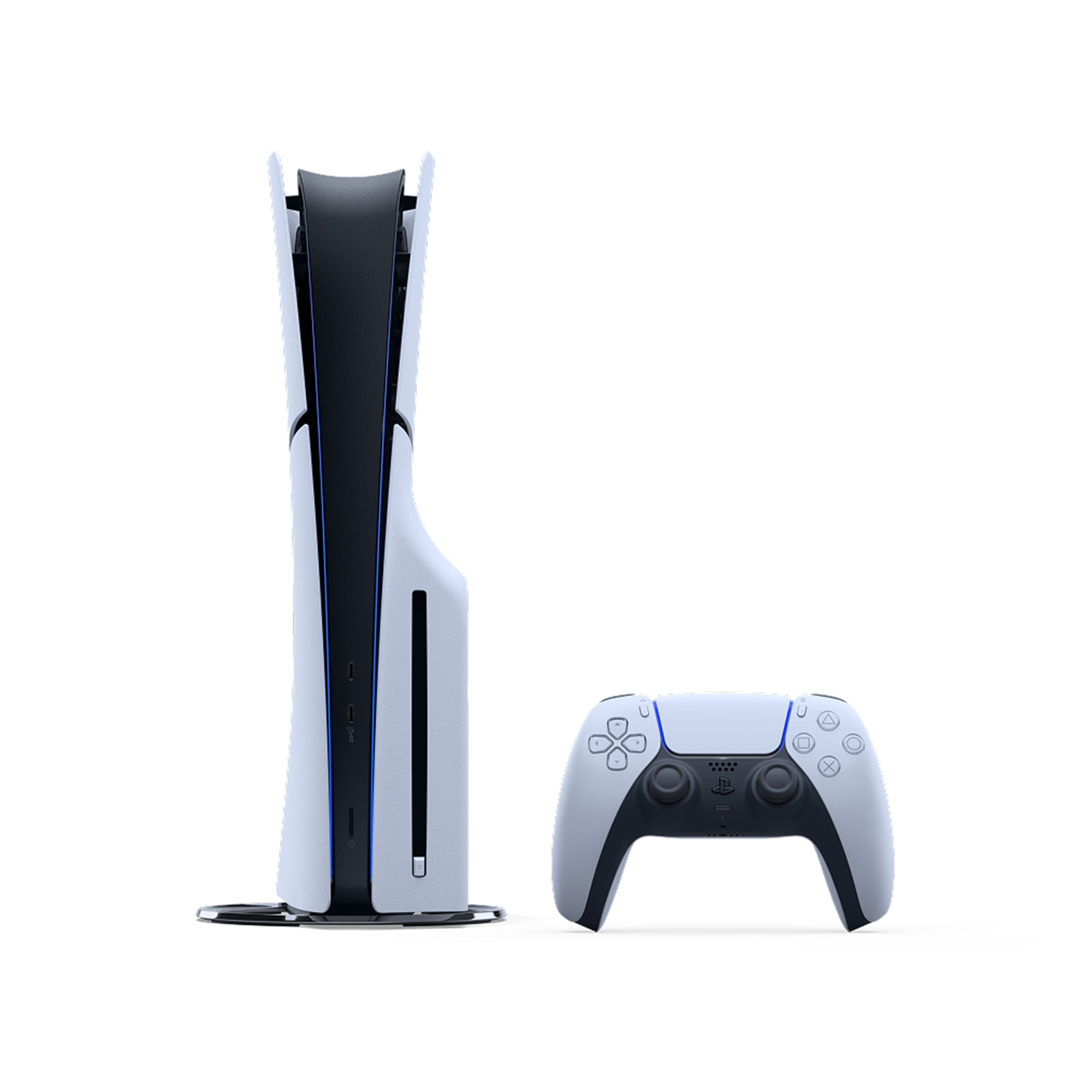 PS5光碟版主機 (Slim)正面圖示，右邊無線控制手把