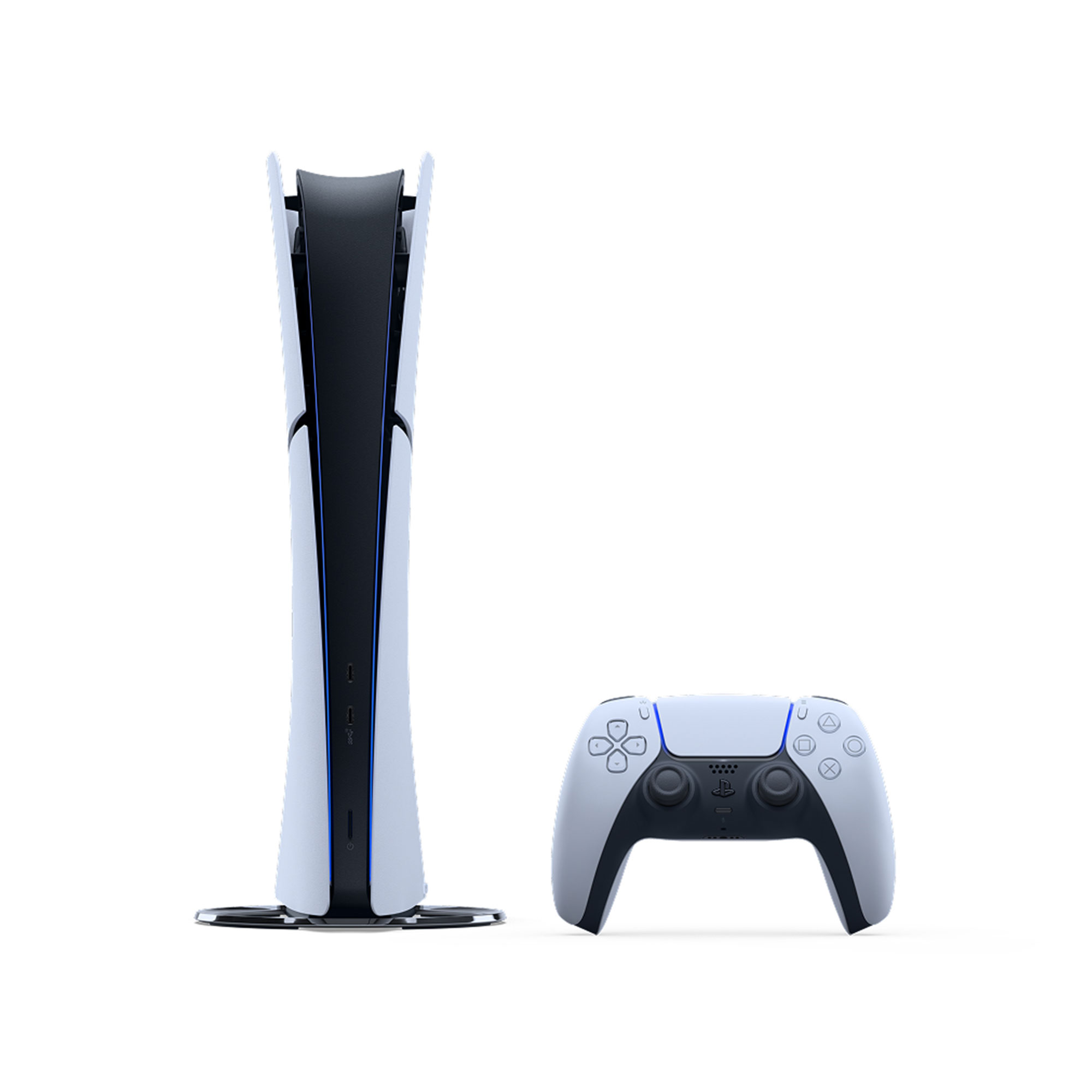 PS5 數位版主機 (Slim)正面圖示，右邊無線控制器