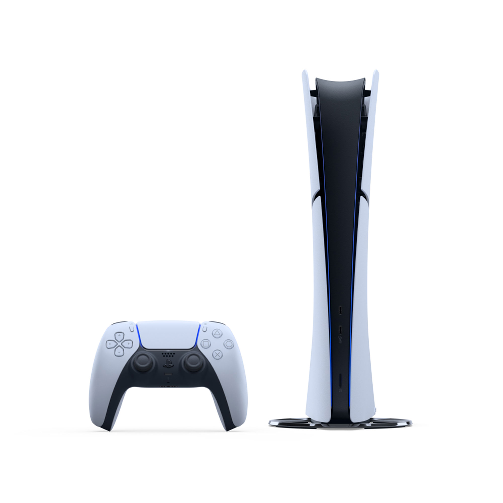 PS5 數位版主機(Slim)正面圖示，左邊為無線控制器