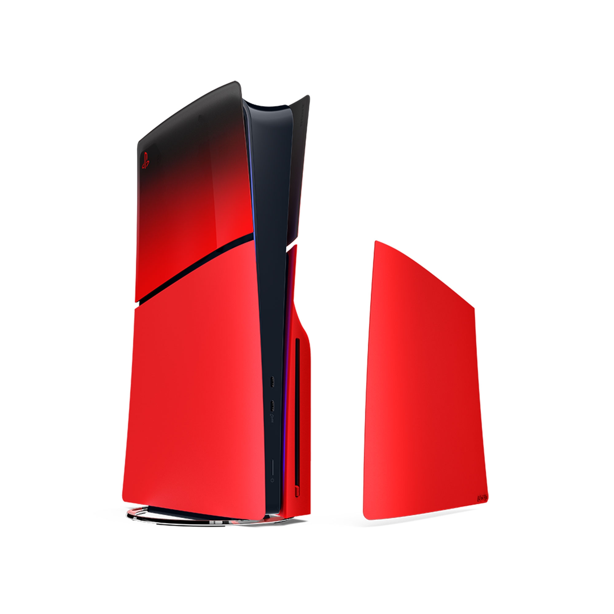 電音紅 PS5 主機護蓋，裝在 PS5 遊戲機，右邊擺放一塊主機護蓋