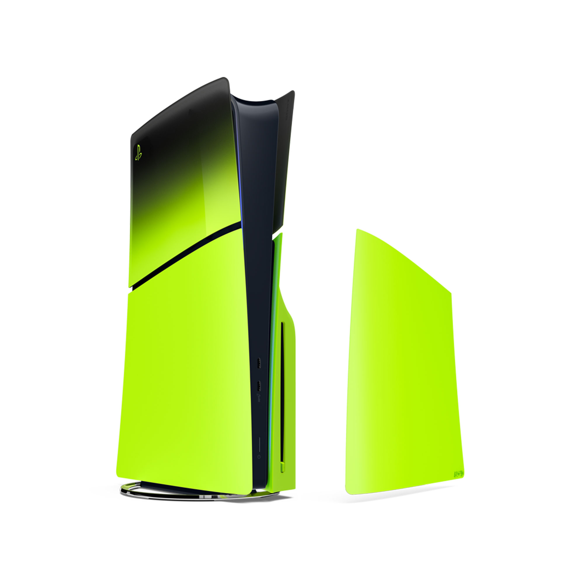 混音綠 PS5 主機護蓋，裝在 PS5 遊戲機，右邊擺放一塊主機護蓋