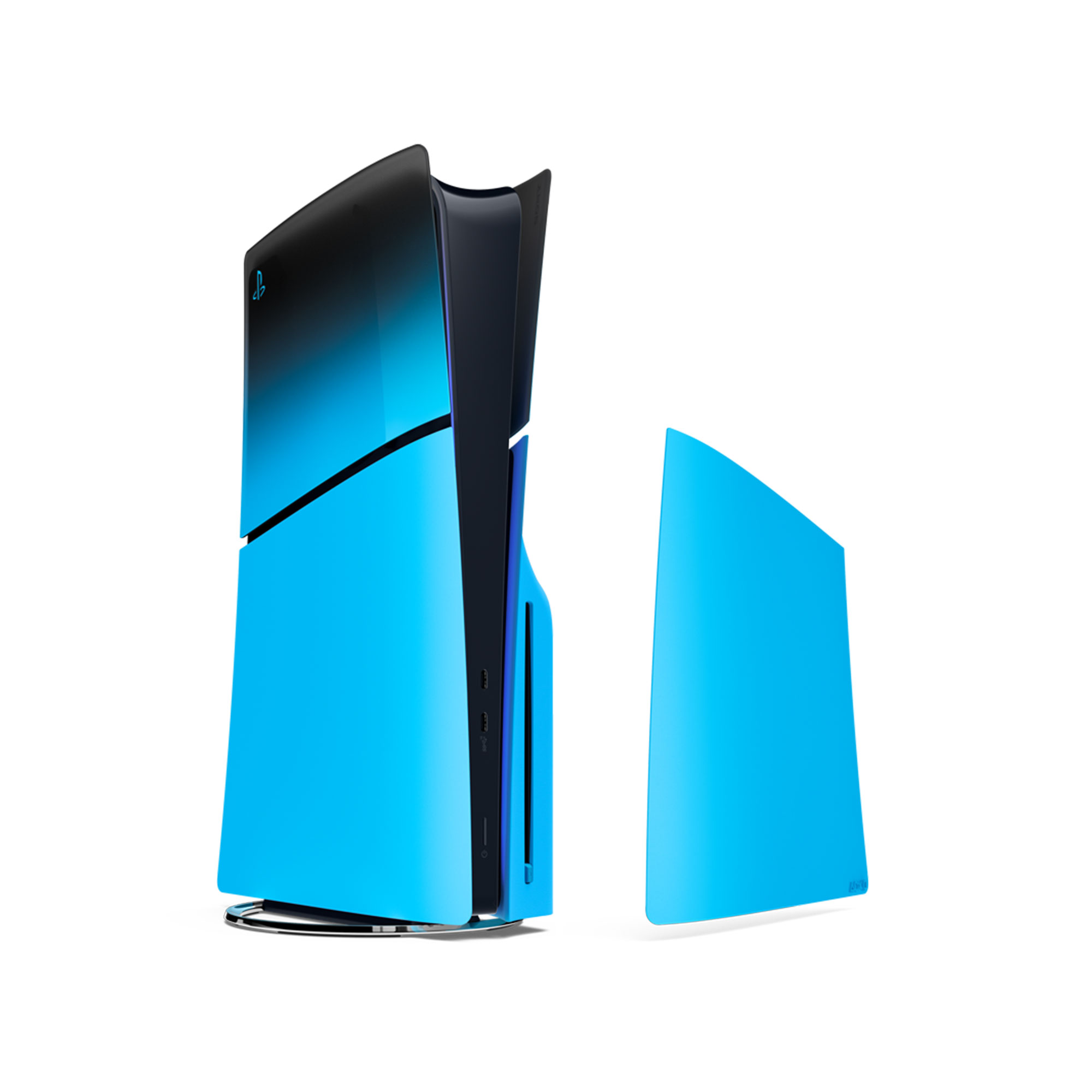 韻律藍 PS5 主機護蓋，裝在 PS5 遊戲機，右邊擺放一塊主機護蓋