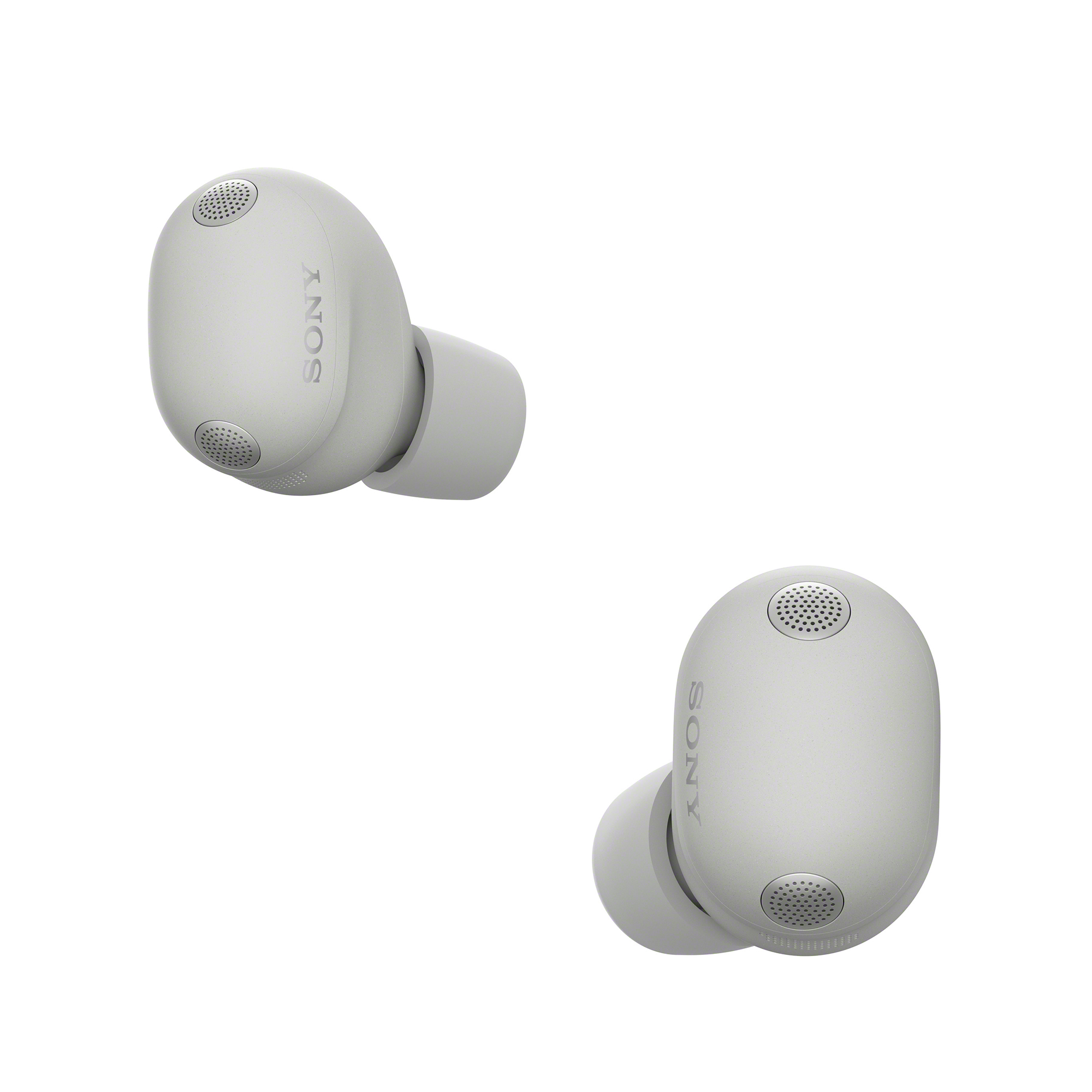 鉑金銀 WF-1000XM6 耳機呈相反角度展示。側邊皆印有銀色「Sony」字樣。