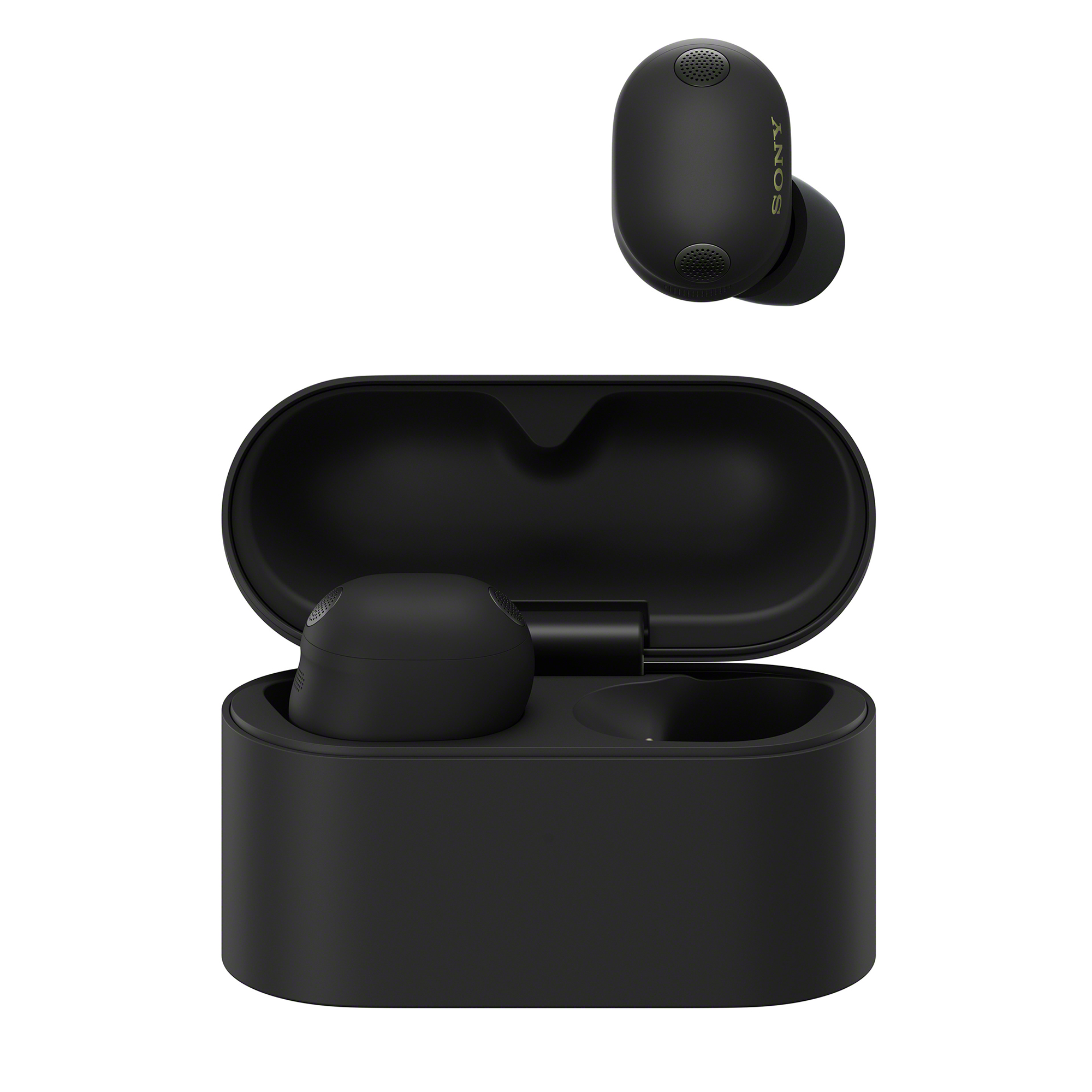 黑色 WF-1000XM6 耳機收納盒開著，盒內有一個黑色耳機，另一個置於盒上方。