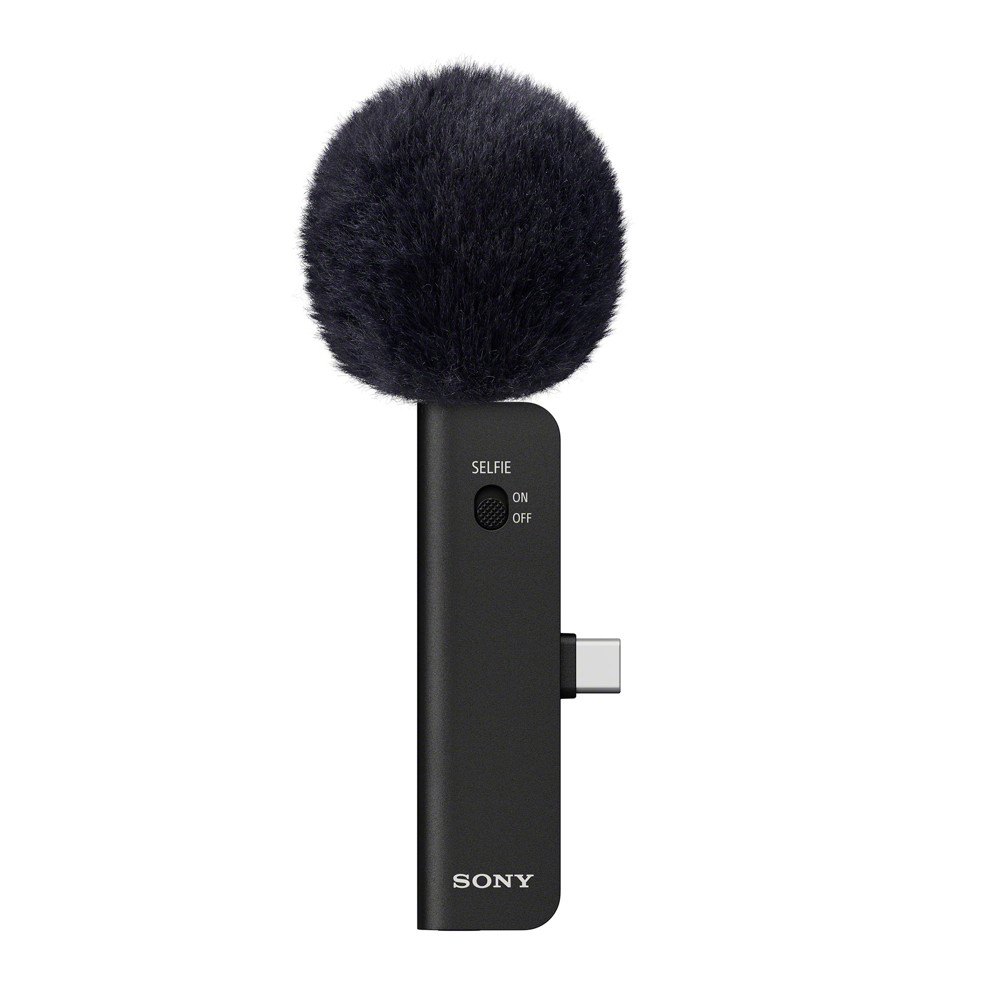 ECM-AX10 麥克風，配有毛絨防風罩、自拍開關和 USB-C 接頭