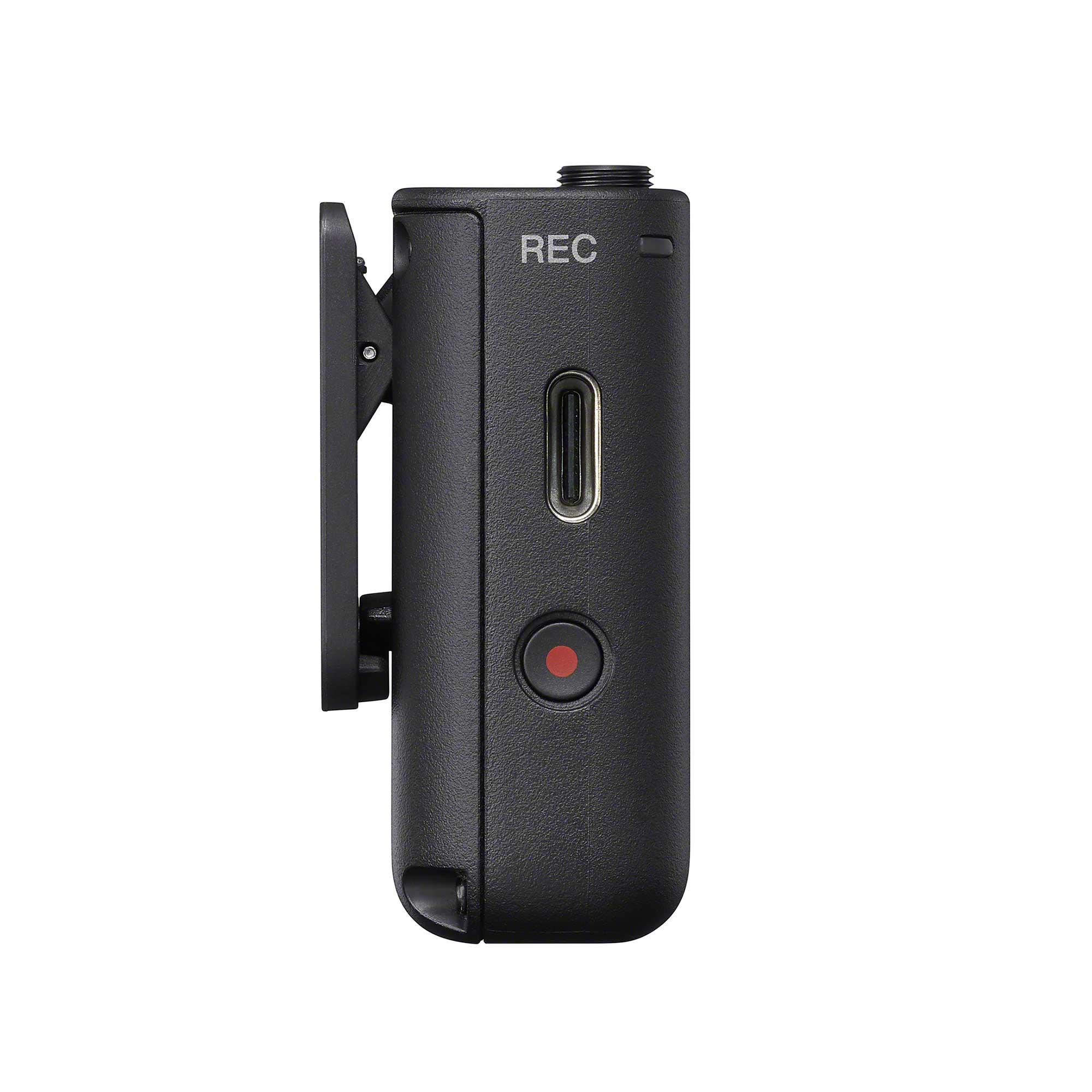 ECM-W5T 麥克風發射器右側，有 USB-C 端子和 REC 按鈕