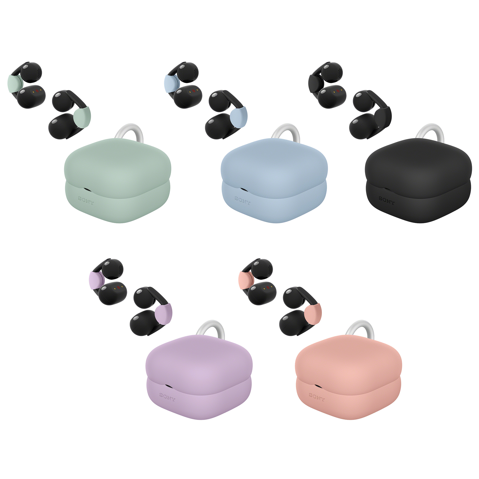 LinkBuds Clip 充電盒外加保護套，珊瑚紅、亞麻綠、藍漾粉、純粹黑、薰衣草紫五個顏色放一起