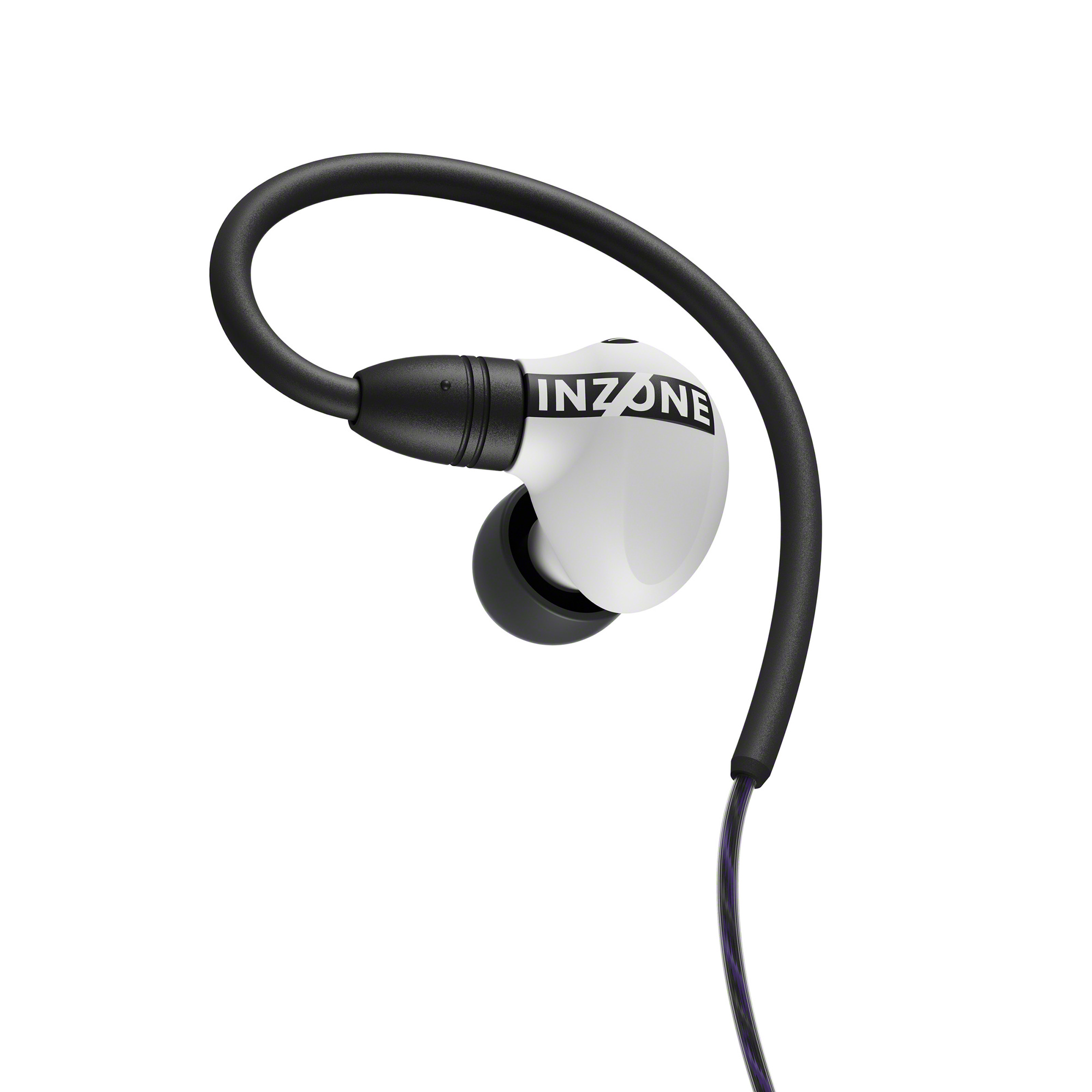 白色 INZONE E9 入耳式電競耳機，附耳掛和耳機線