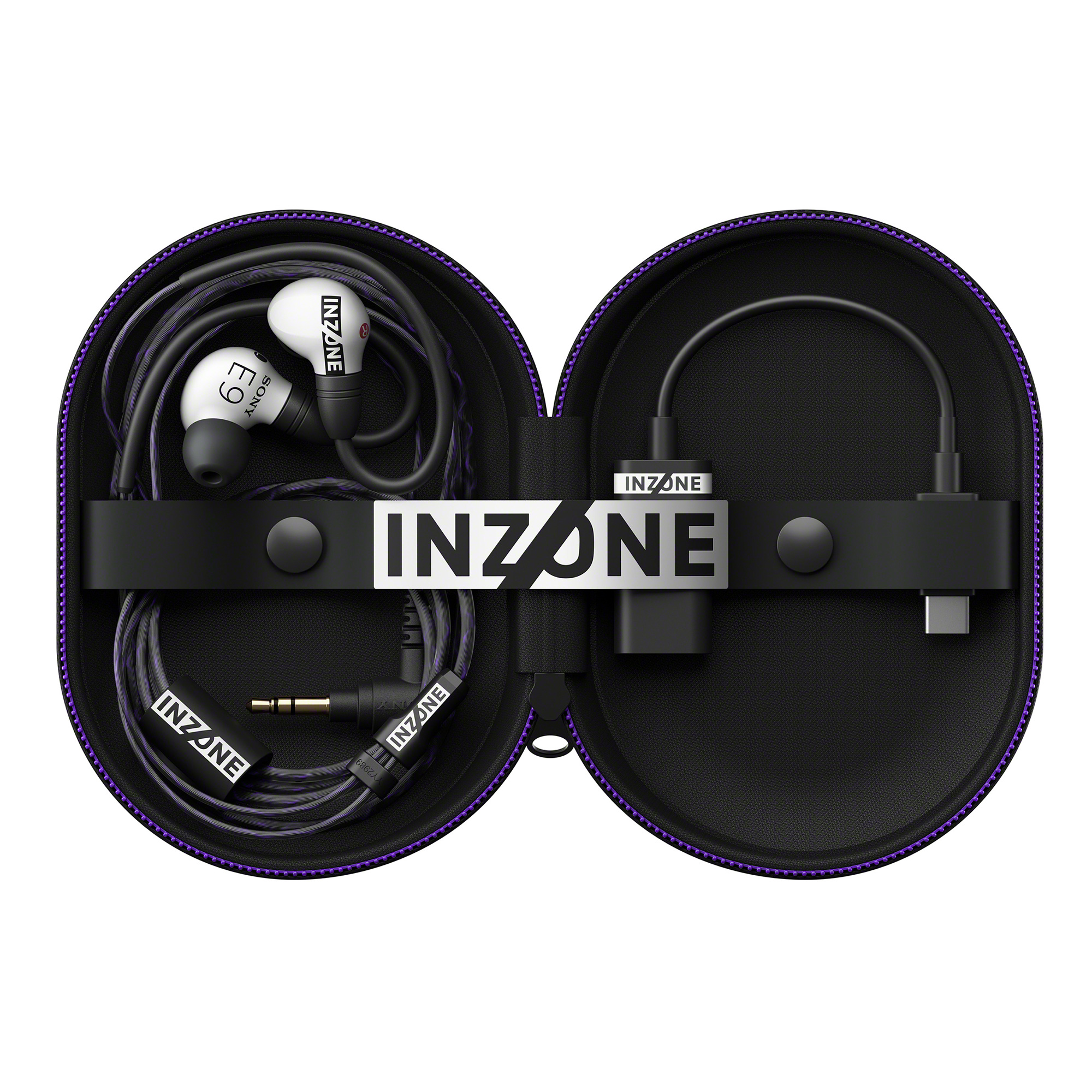白色 INZONE E9 耳塞式耳機放在硬殼收納盒中