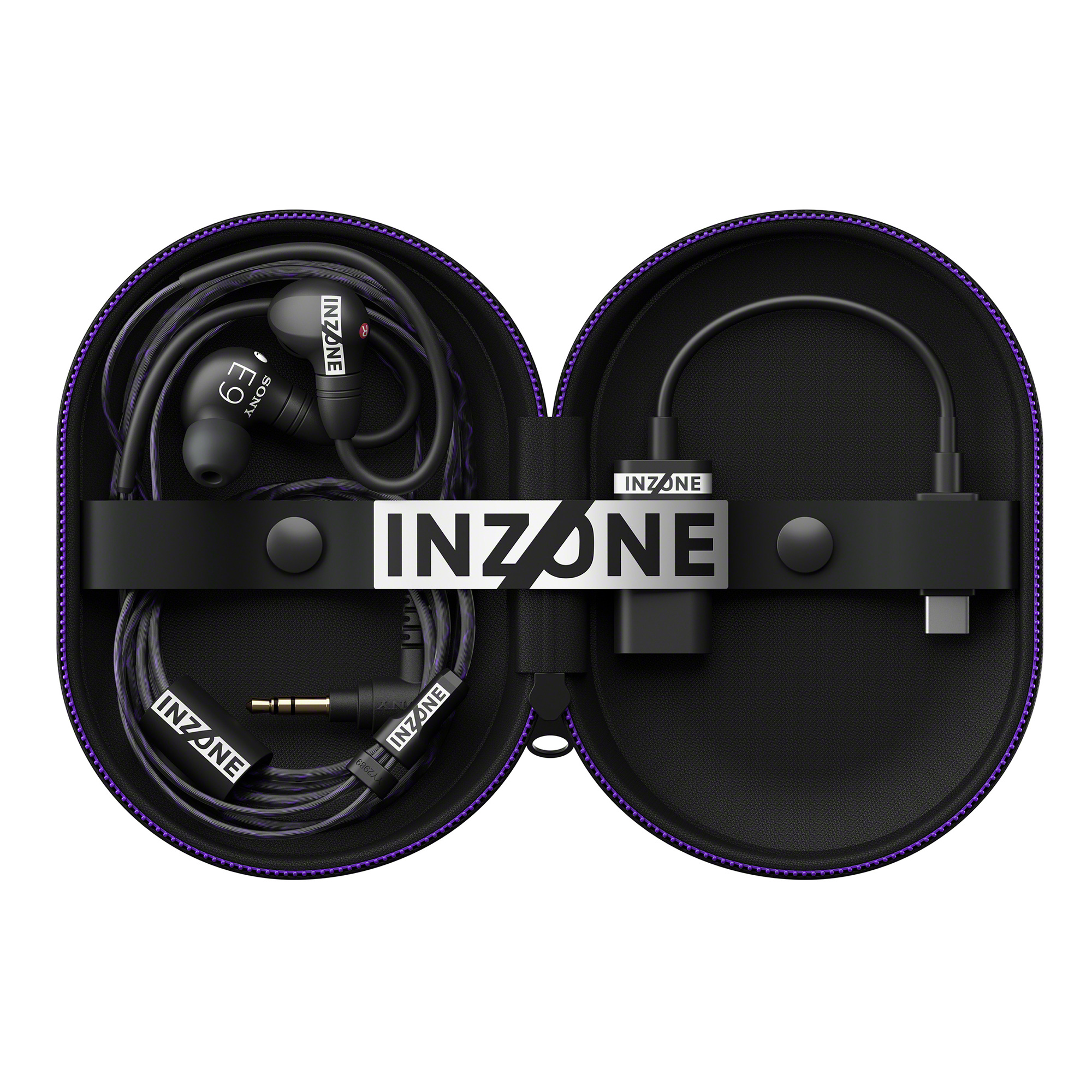 黑色 INZONE E9 耳塞式耳機放在硬殼收納盒中