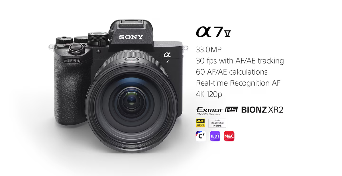 α7 的影像：V 33.0MP、30 fps 自動對焦/自動曝光追蹤，每秒 60 次自動對焦/自動曝光計算、即時辨識自動對焦、4K 120p、Exmor RS、BIONZ XR2、4K HDR、5 軸 SteadyShot INSIDE、Creators’ App 圖示、IEDT 圖示、M&C 圖示