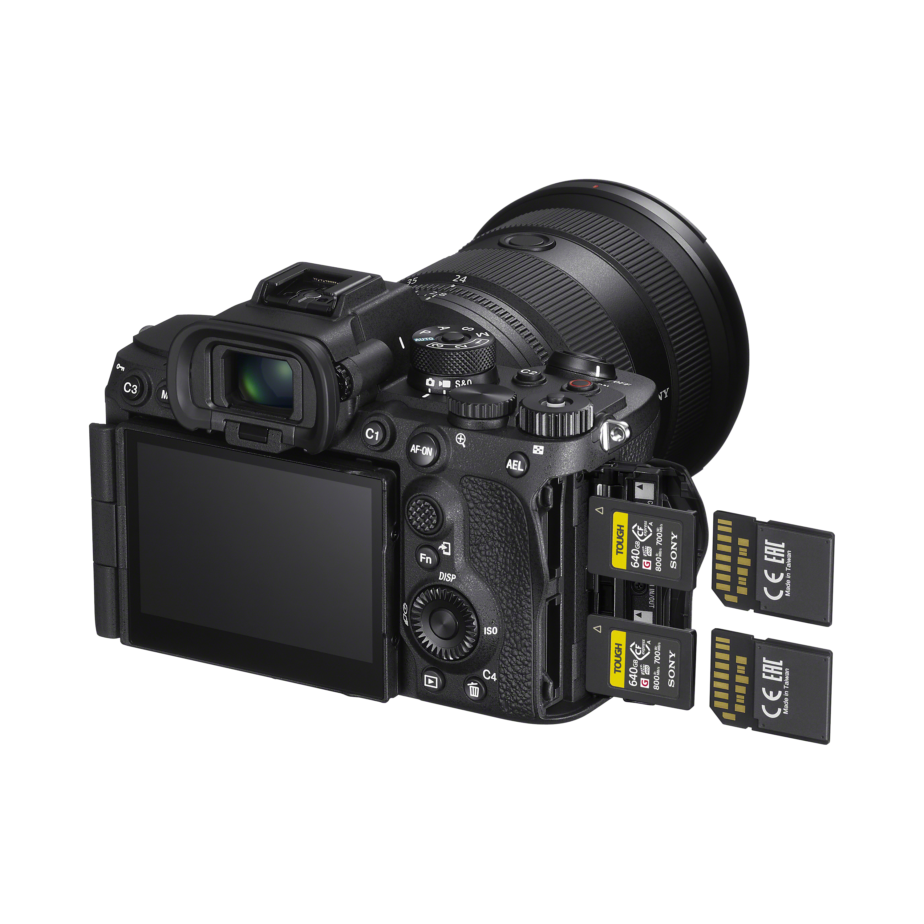 α7R V相機右側記憶卡裝入兩個媒體插槽示意圖