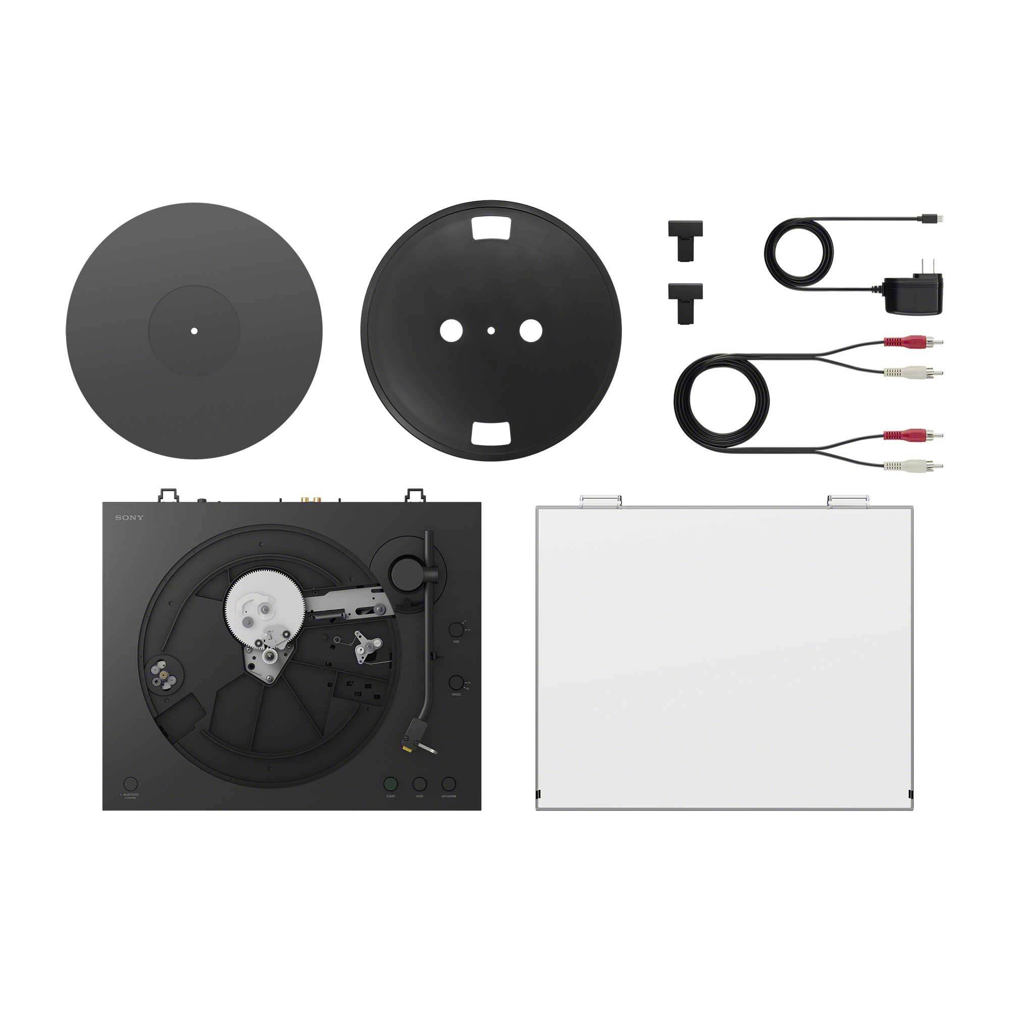 PS-LX5BT 唱盤各部件平鋪展示，包括轉輪、橡膠墊、防塵外蓋及電源線