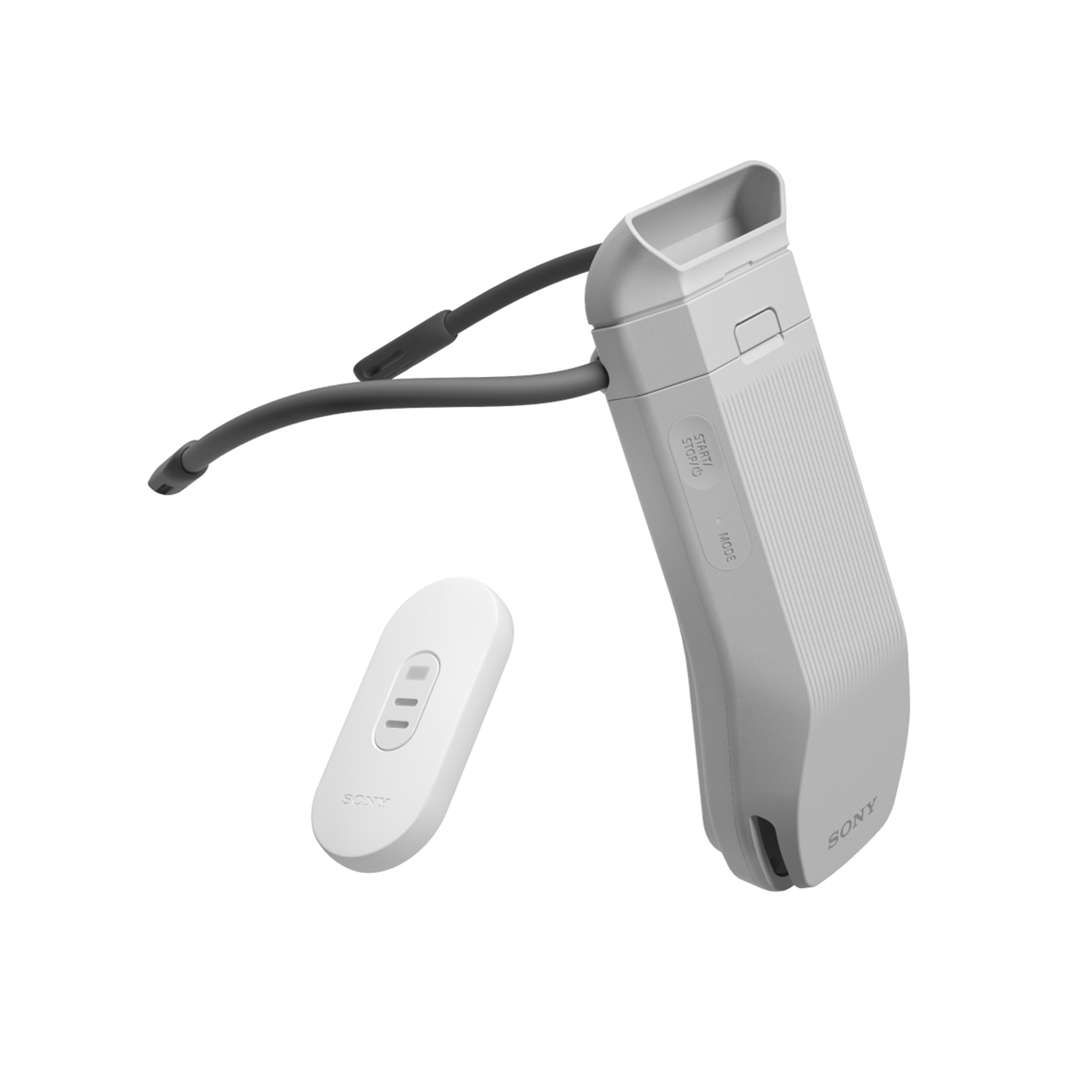 REON POCKET PRO 產品右前方圖式，左下方REON POCKET TAG裝置