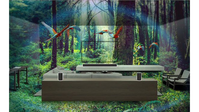 合成影像呈現叢林背景客廳的沙發和環繞音響系統。