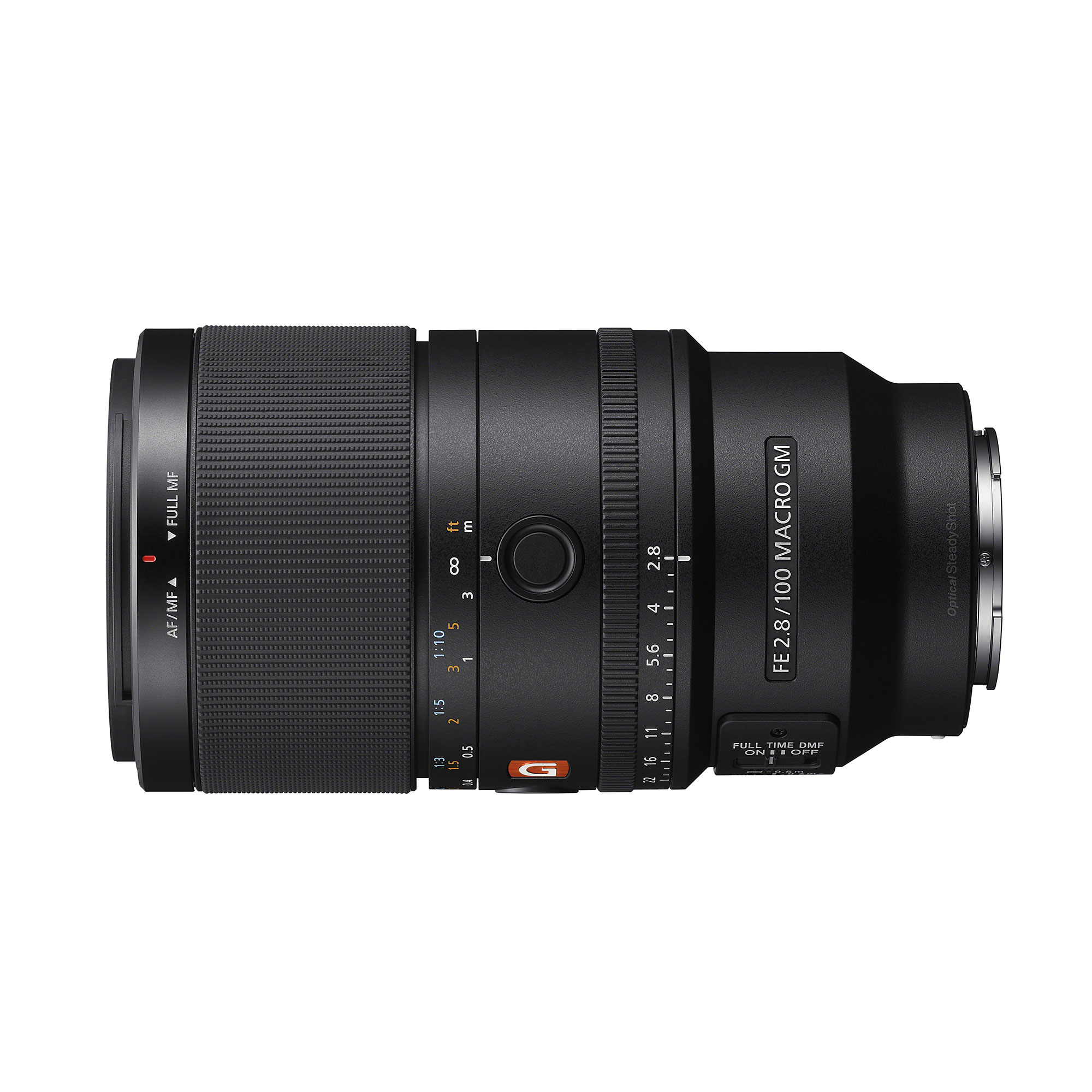SEL100M28GM 鏡頭頂部視角，包含「FE 2.8 G」標章文字