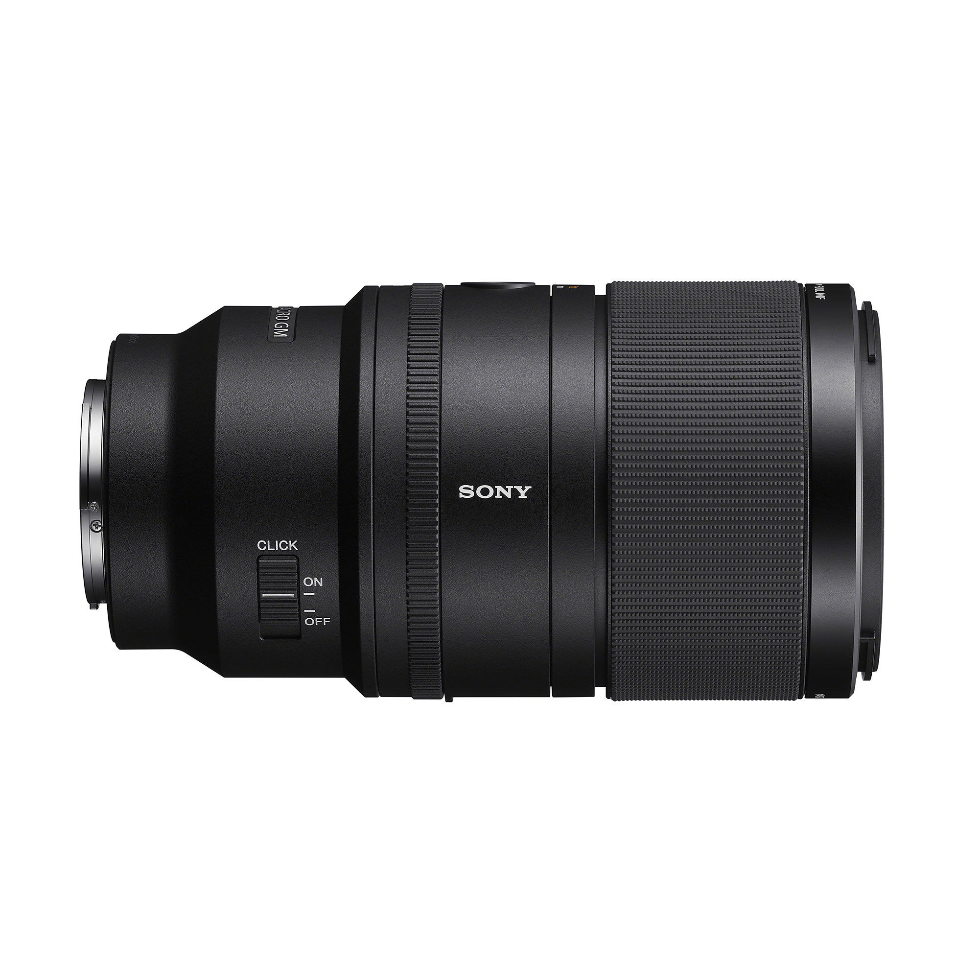 SEL100M28GM 鏡頭右側視角，包括刻度式光圈開關和 SONY 標誌