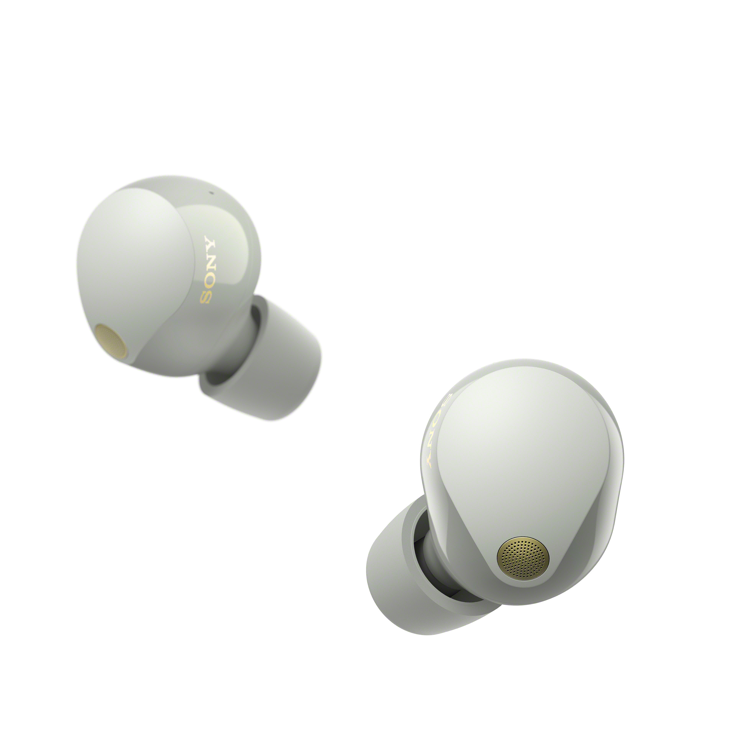 白色 WF-1000XM5 耳機影像。左耳耳機為後視圖，右耳耳機為側面圖