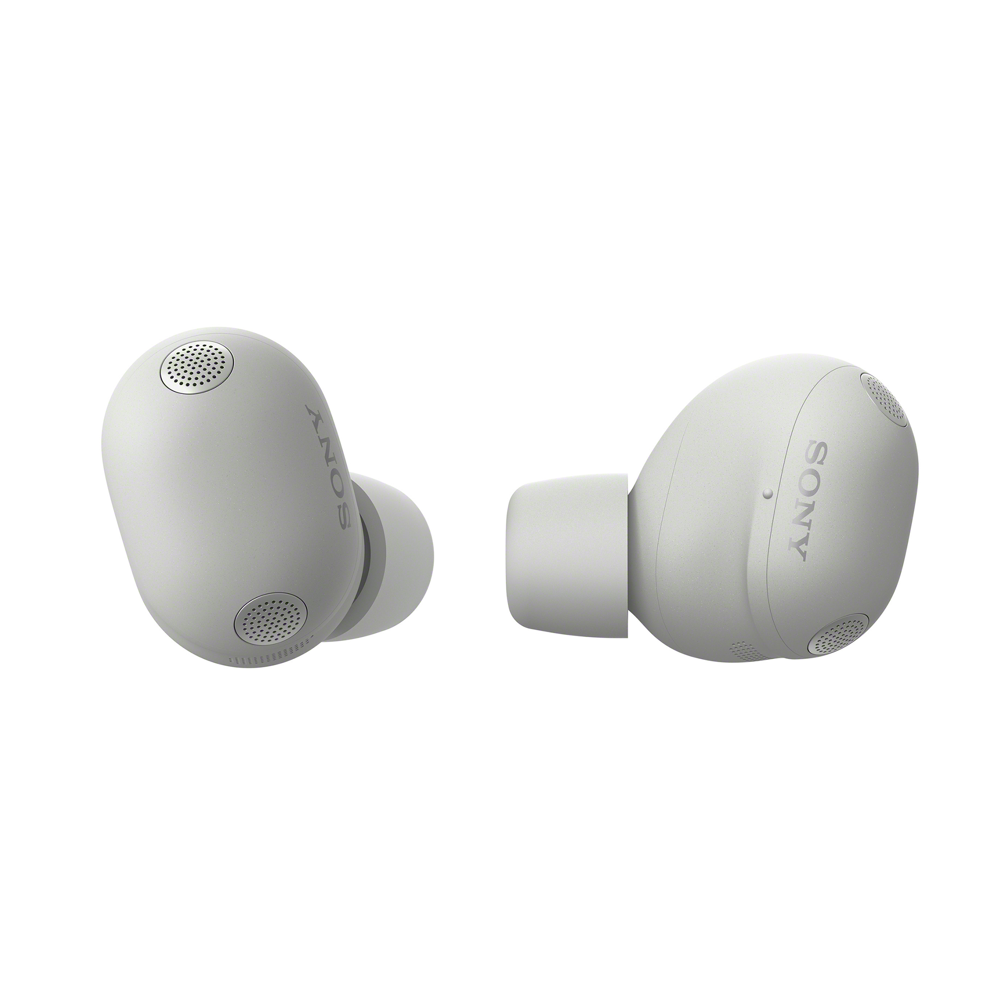 鉑金銀 WF-1000XM6 耳機呈相反角度展示。側邊皆印有金色「Sony」字樣。