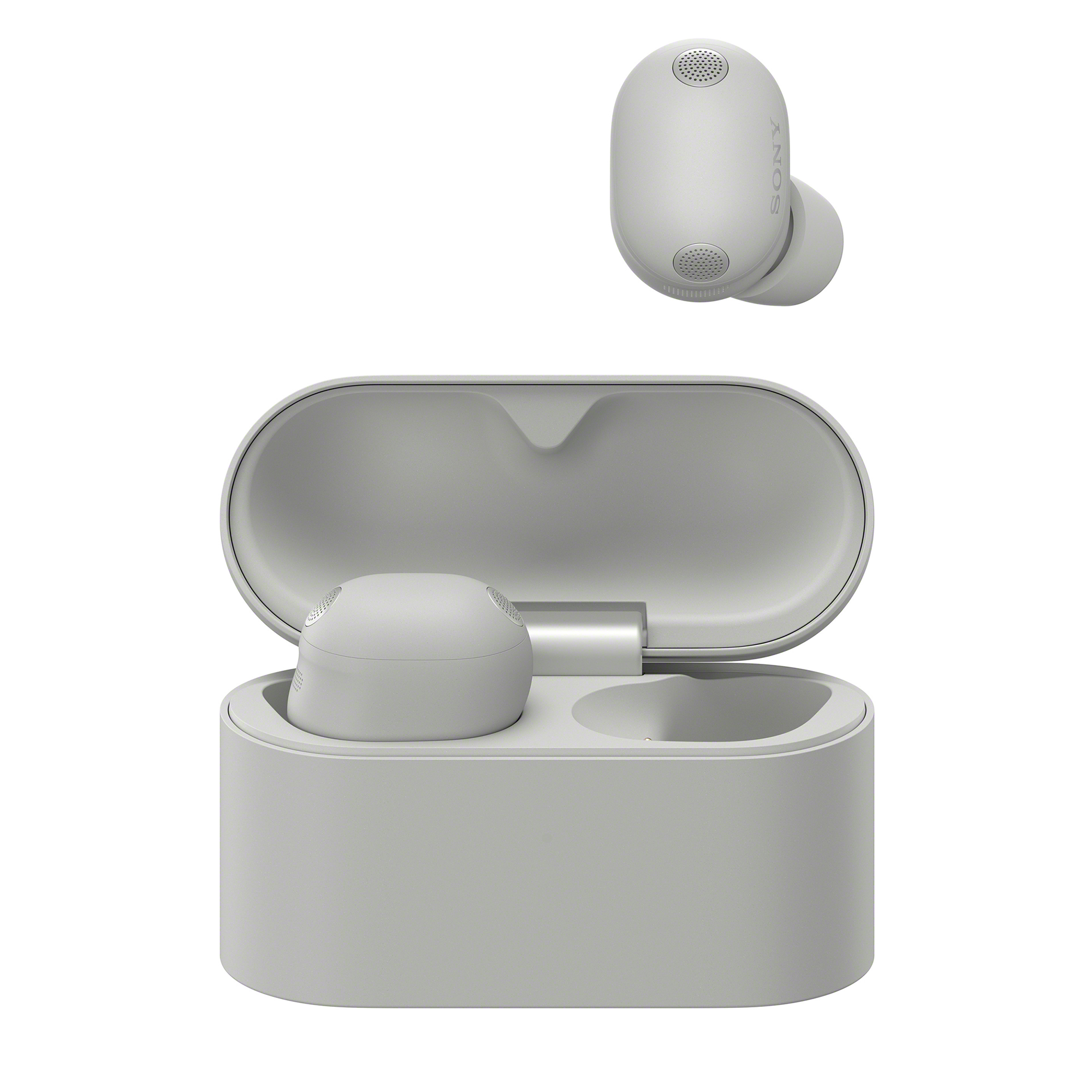 鉑金銀 WF-1000XM6 耳機收納盒開著，盒內有一個黑色耳機，另一個置於盒上方。