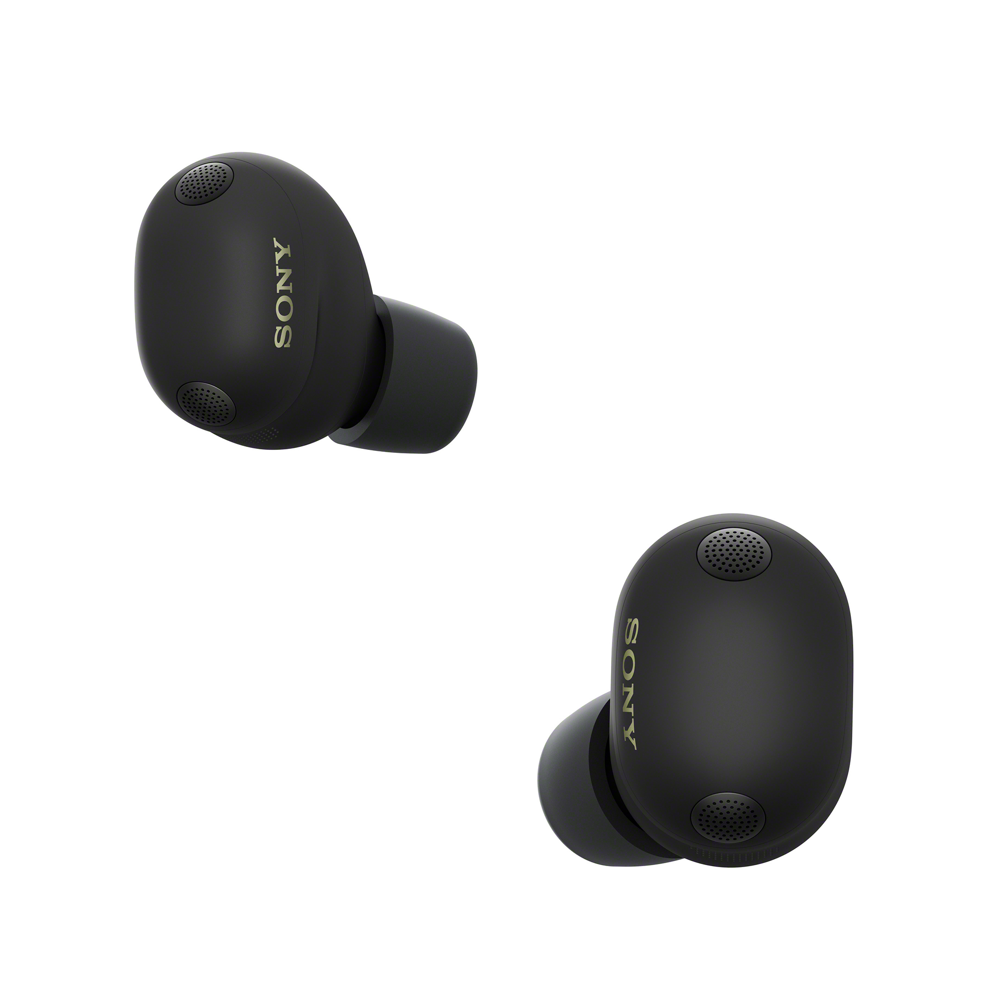 黑色 WF-1000XM6 耳機呈相反角度展示。側邊皆印有銀色「Sony」字樣。