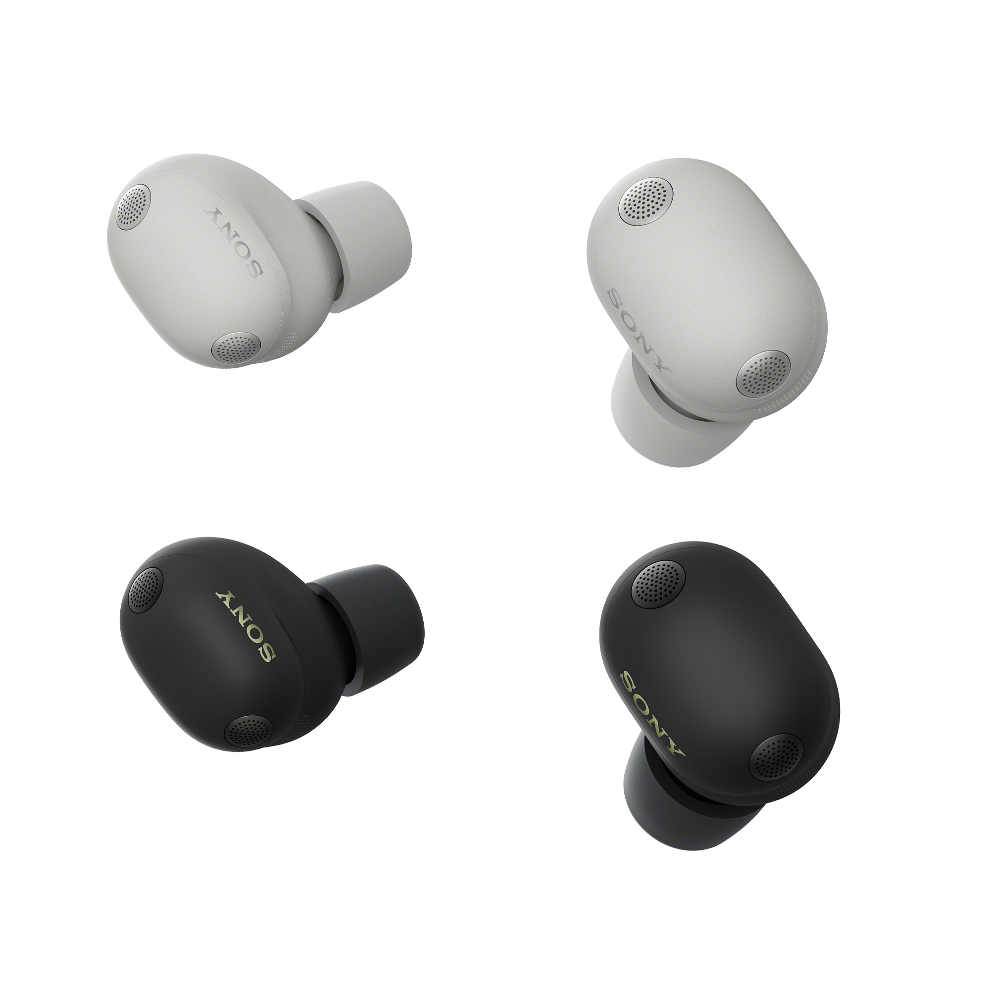上排鉑金銀 WF-1000XM6，下排黑色 WF-1000XM6。兩色其中一個為側面視角，另一個為正面視角，兩者側邊皆印有銀色「Sony」字樣。