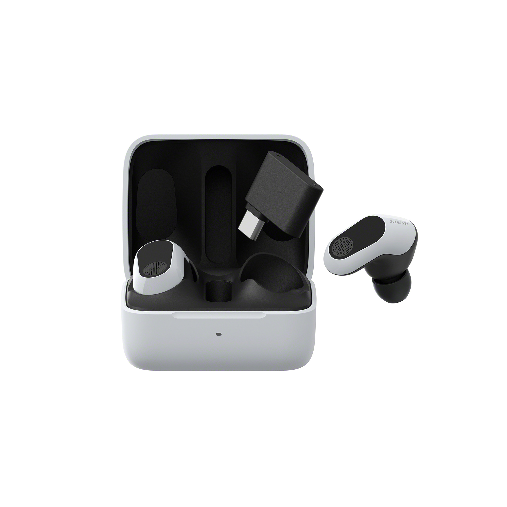 打開的白色 INZONE Buds 耳機充電盒圖片，一個耳機和收發器漂浮在盒子上方