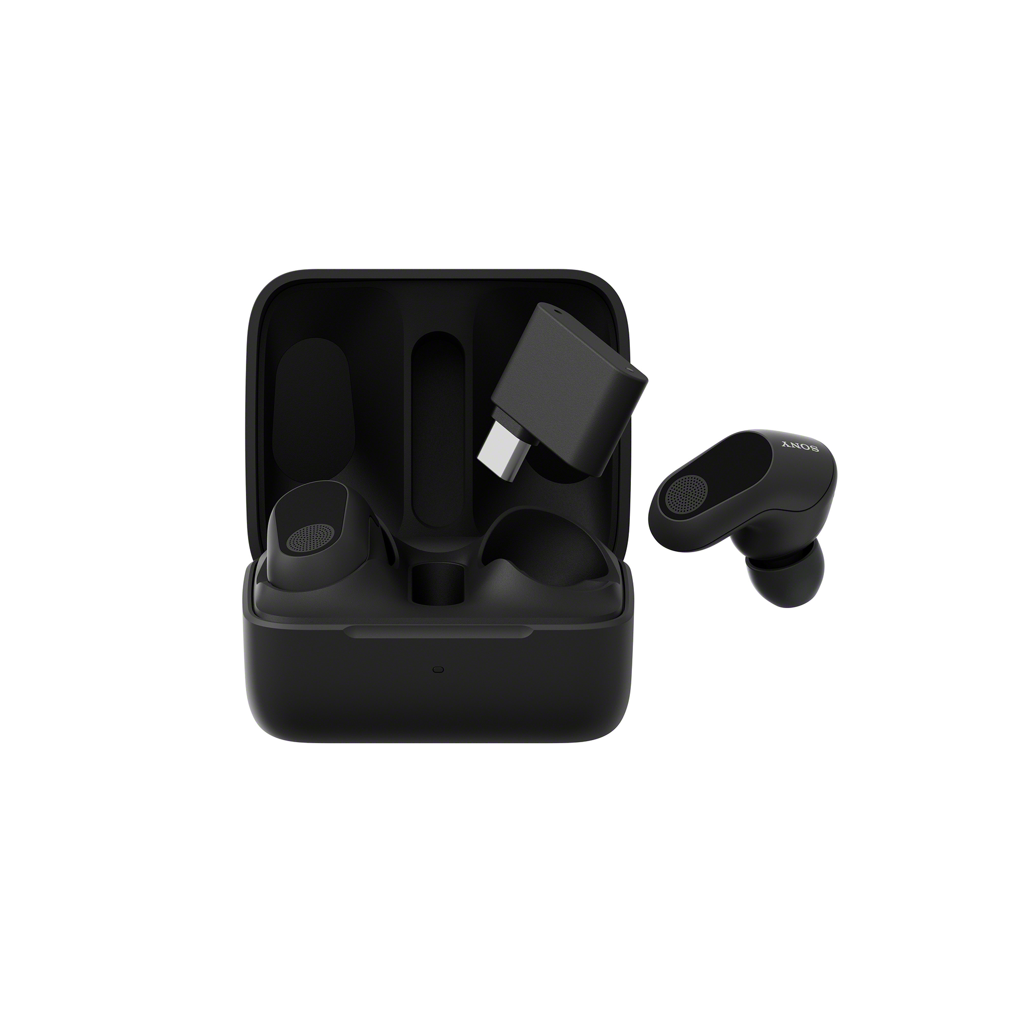 打開的黑色 INZONE Buds 耳機充電盒圖片，一個耳機和收發器漂浮在盒子上方