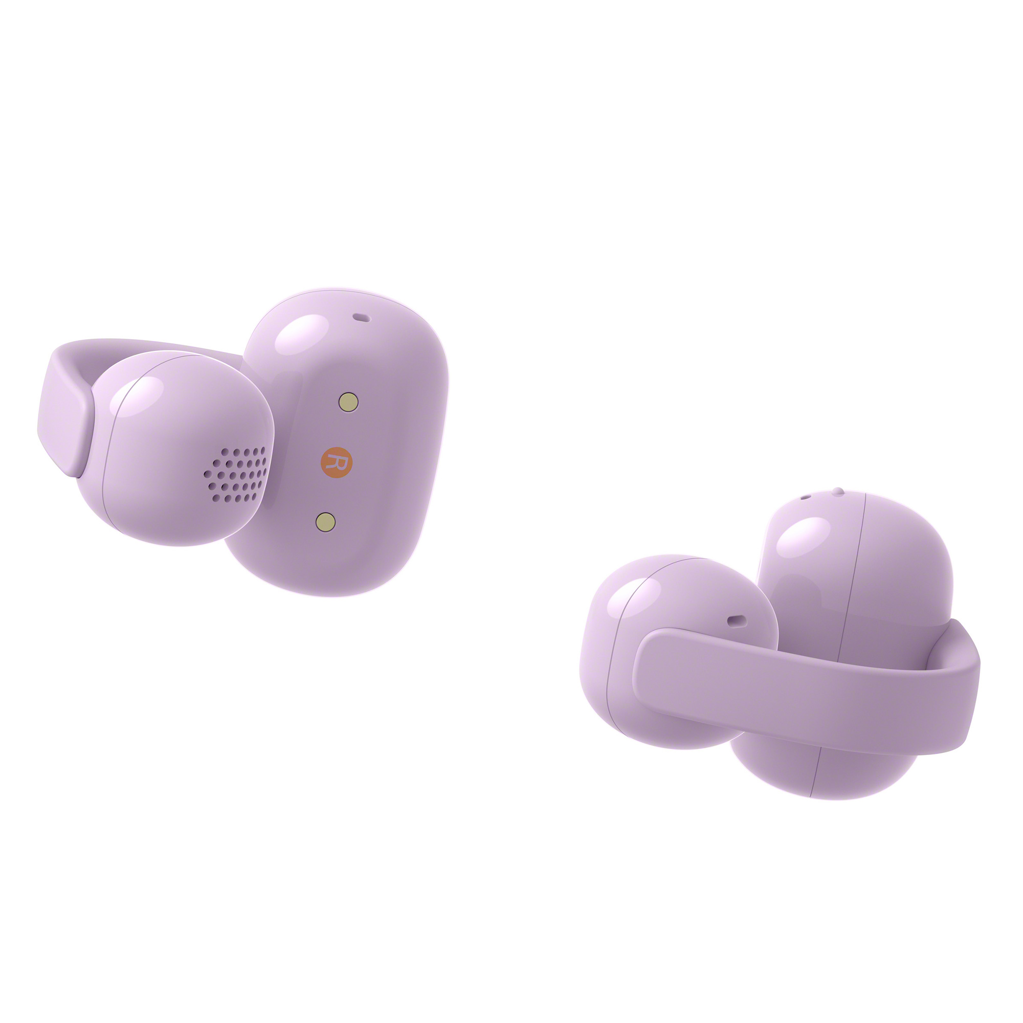 一副紫色 LinkBuds Clip 無線耳機，正面圖