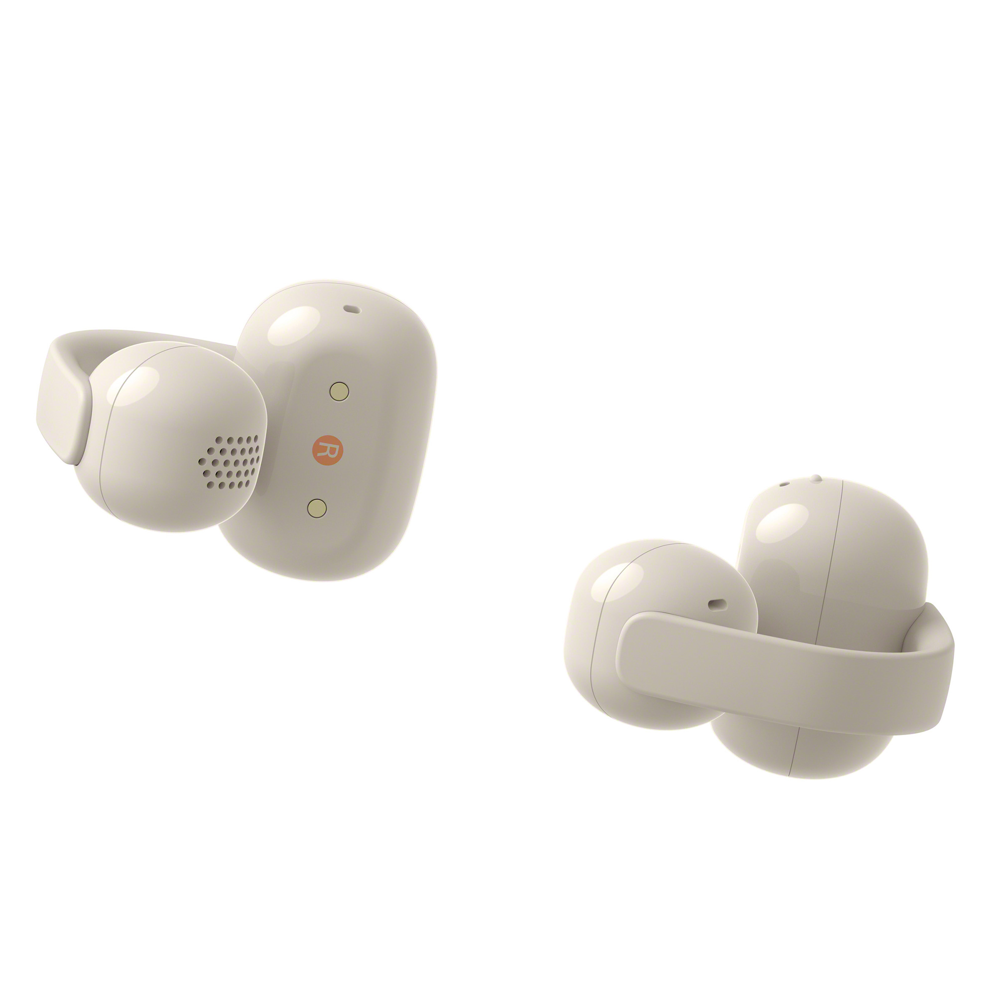 一副米灰色 LinkBuds Clip 無線耳機，正面圖