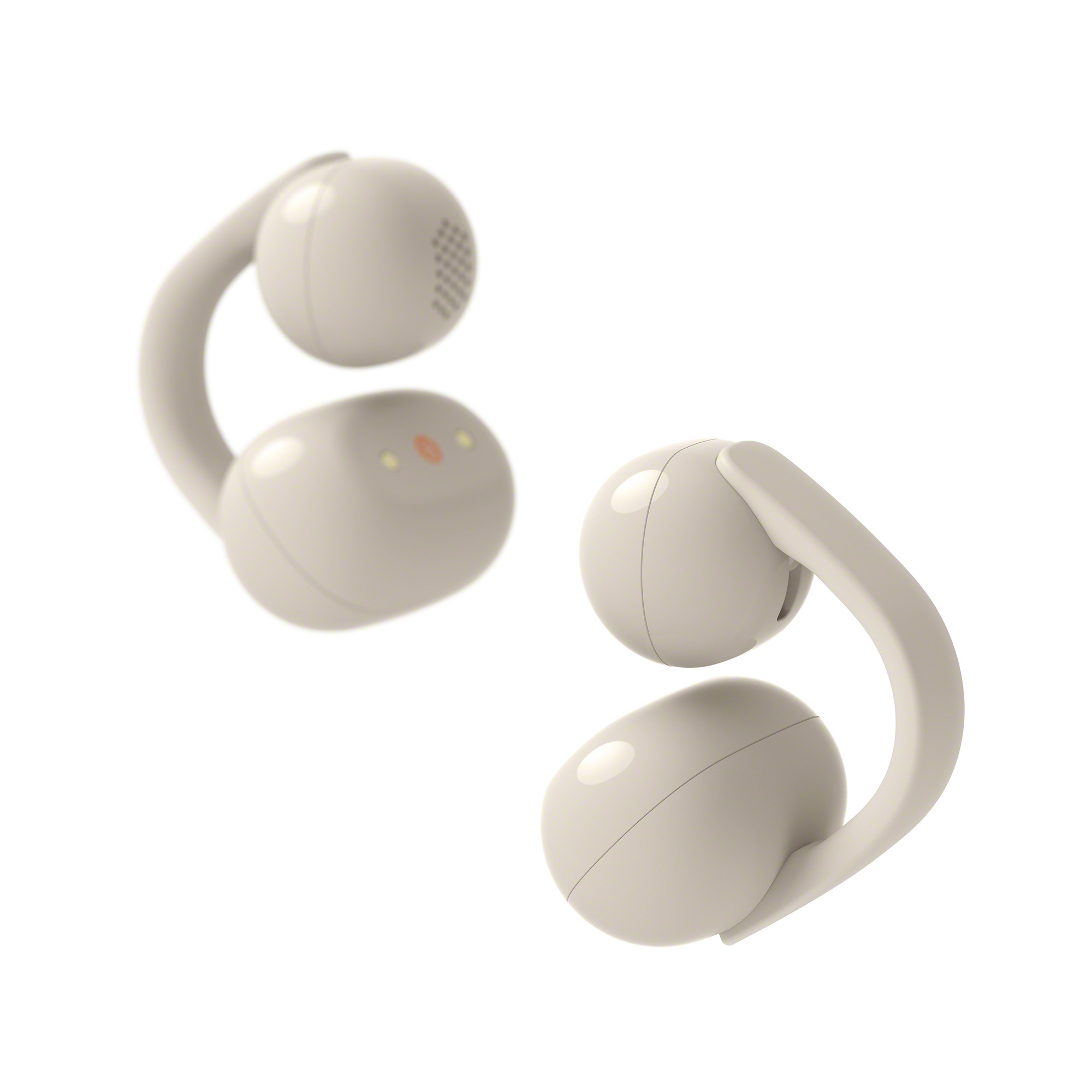 一副米灰色 LinkBuds Clip 無線耳機，正面圖