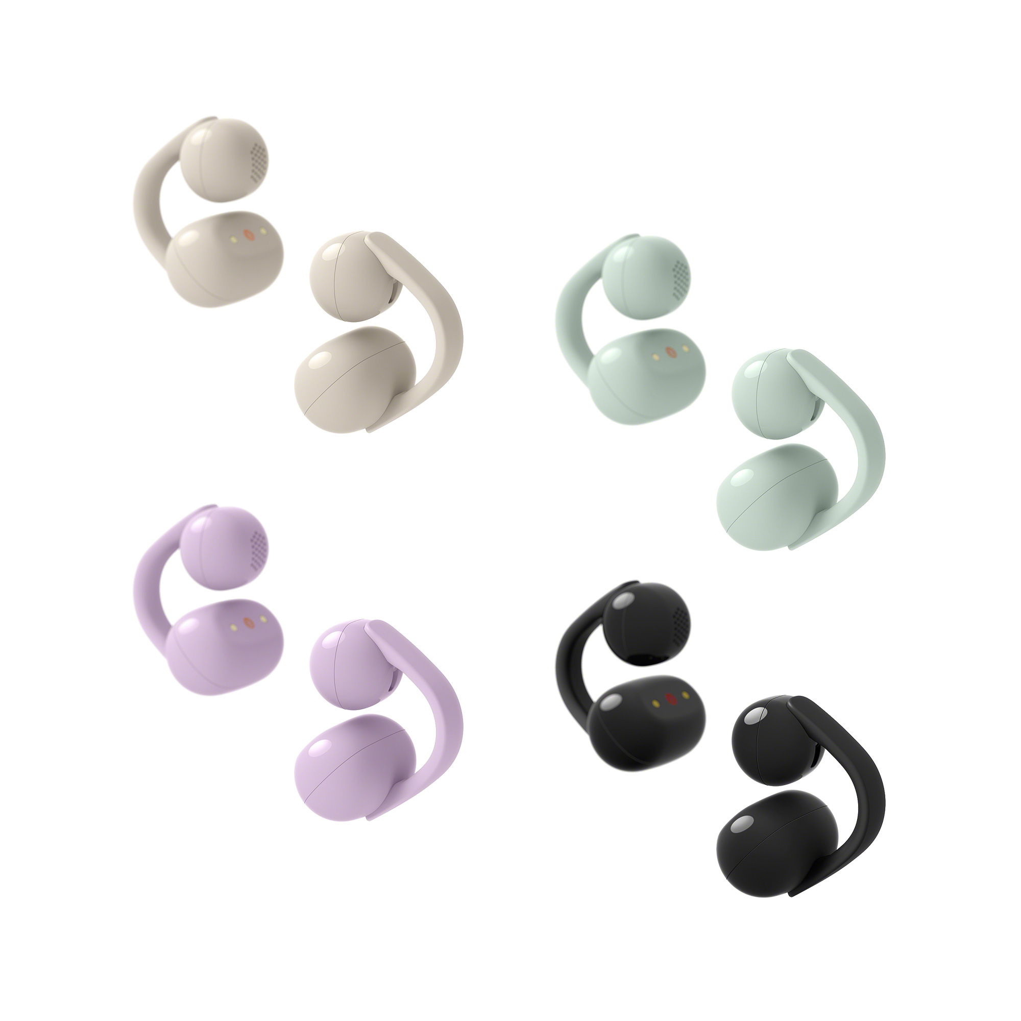 LinkBuds Clip 無線耳機，綠色、米色、黑色、紫色四個顏色放在一起