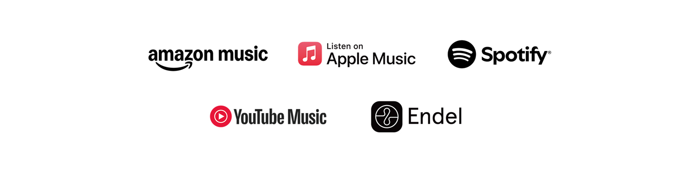 Amazon Music 標誌、Apple Music 標誌、Spotify Tap 標誌、YouTube Music 標誌、Endel 標誌