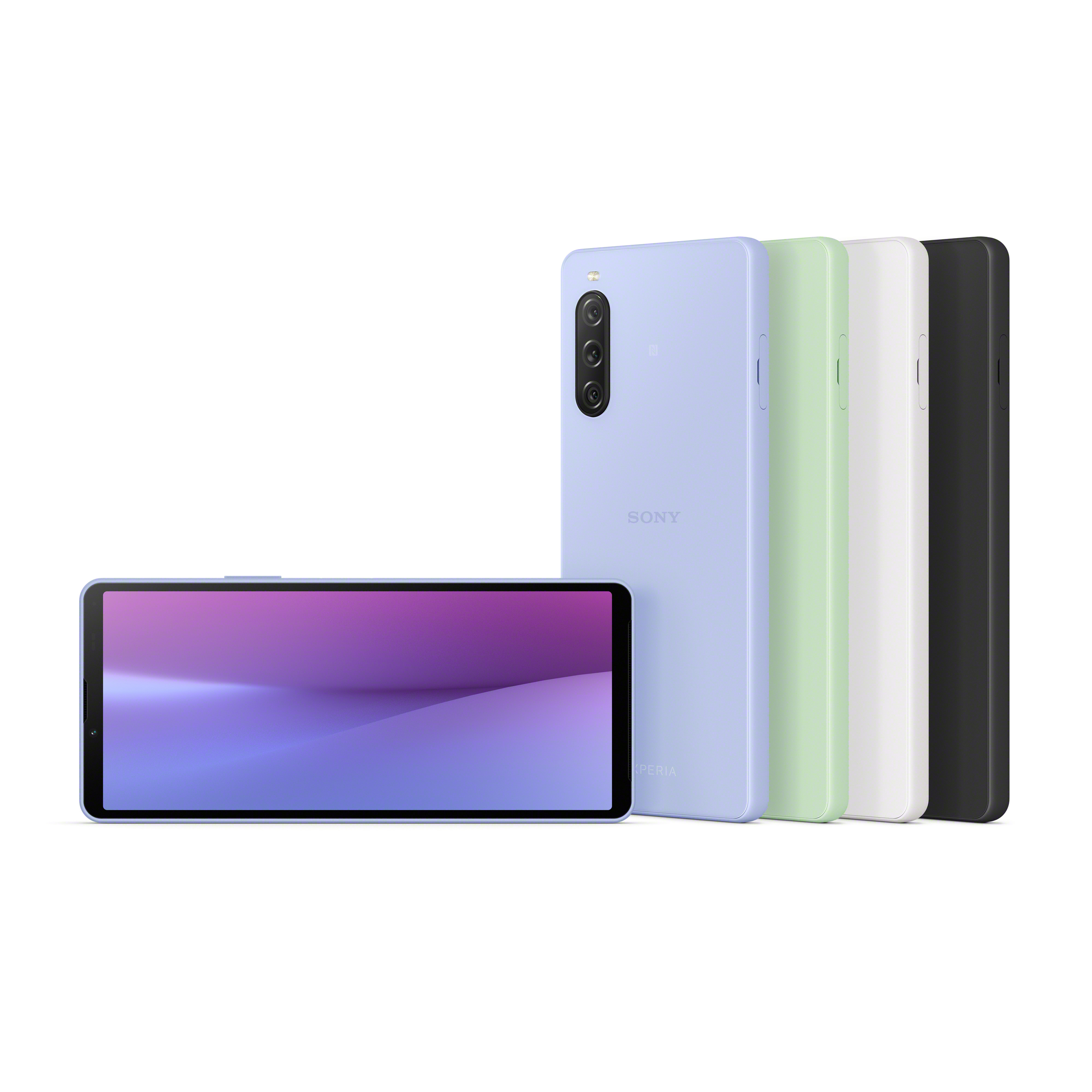精選黑色、白色、灰綠色和薰衣草紫 Xperia 10 V 智慧型手機背面