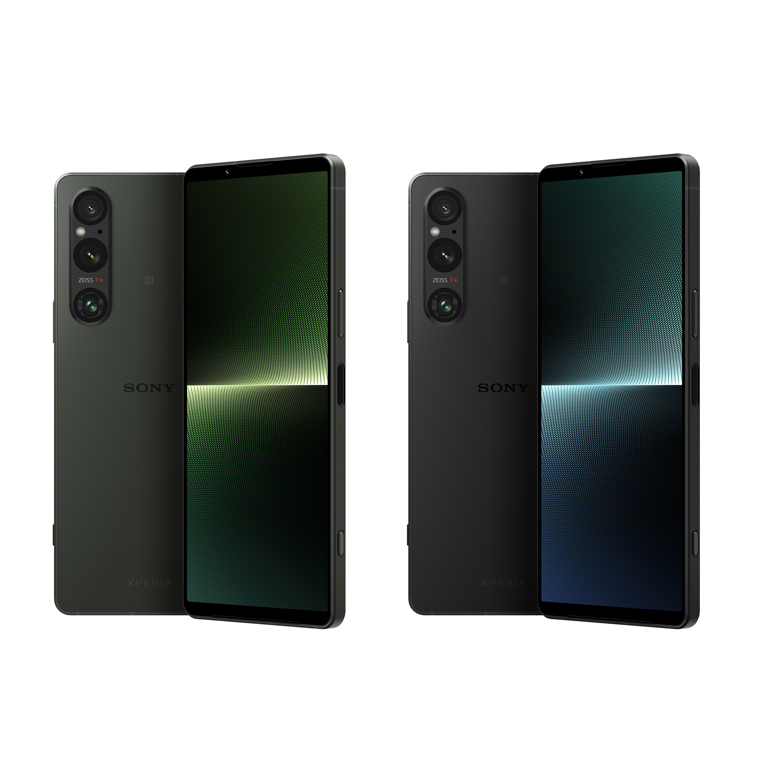 兩組 Xperia 1 V 智慧型手機黑色和綠色，各一支展示背面，一支展示正面