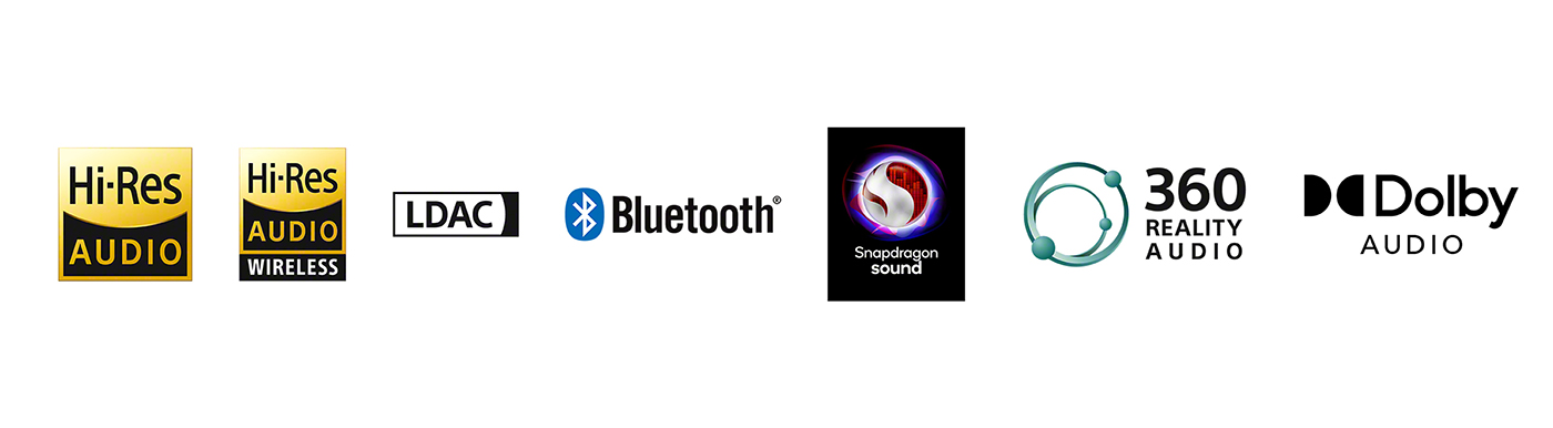 Hi-Res AUDIO、LDAC、Bluetooth、Snapdragon Sound、360 REALITY AUDIO、Dolby AUDIO LOGO