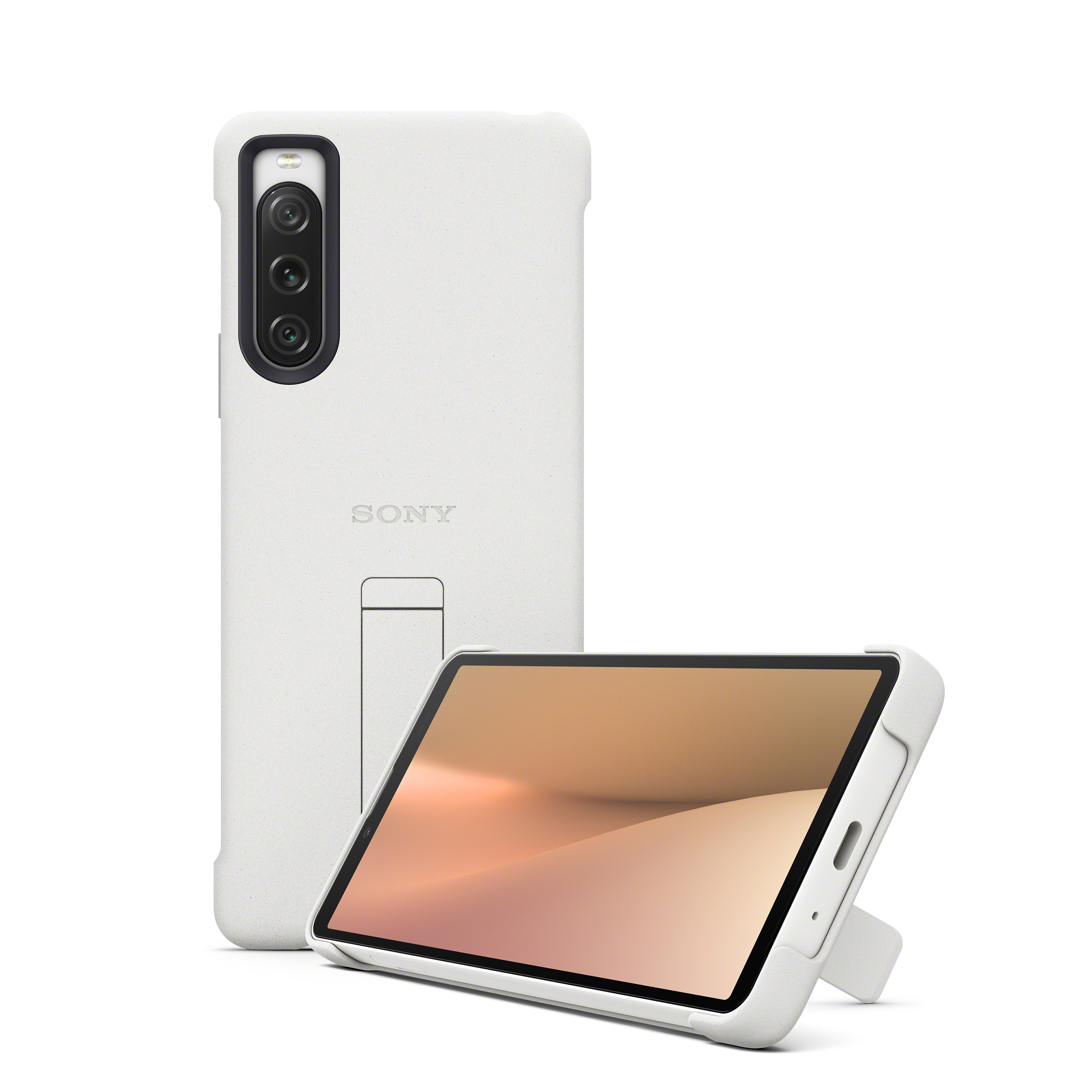 兩個桔梗白 Xperia 10 V 智慧型手機專用可立式時尚保護殼，一個直立，另一個橫放