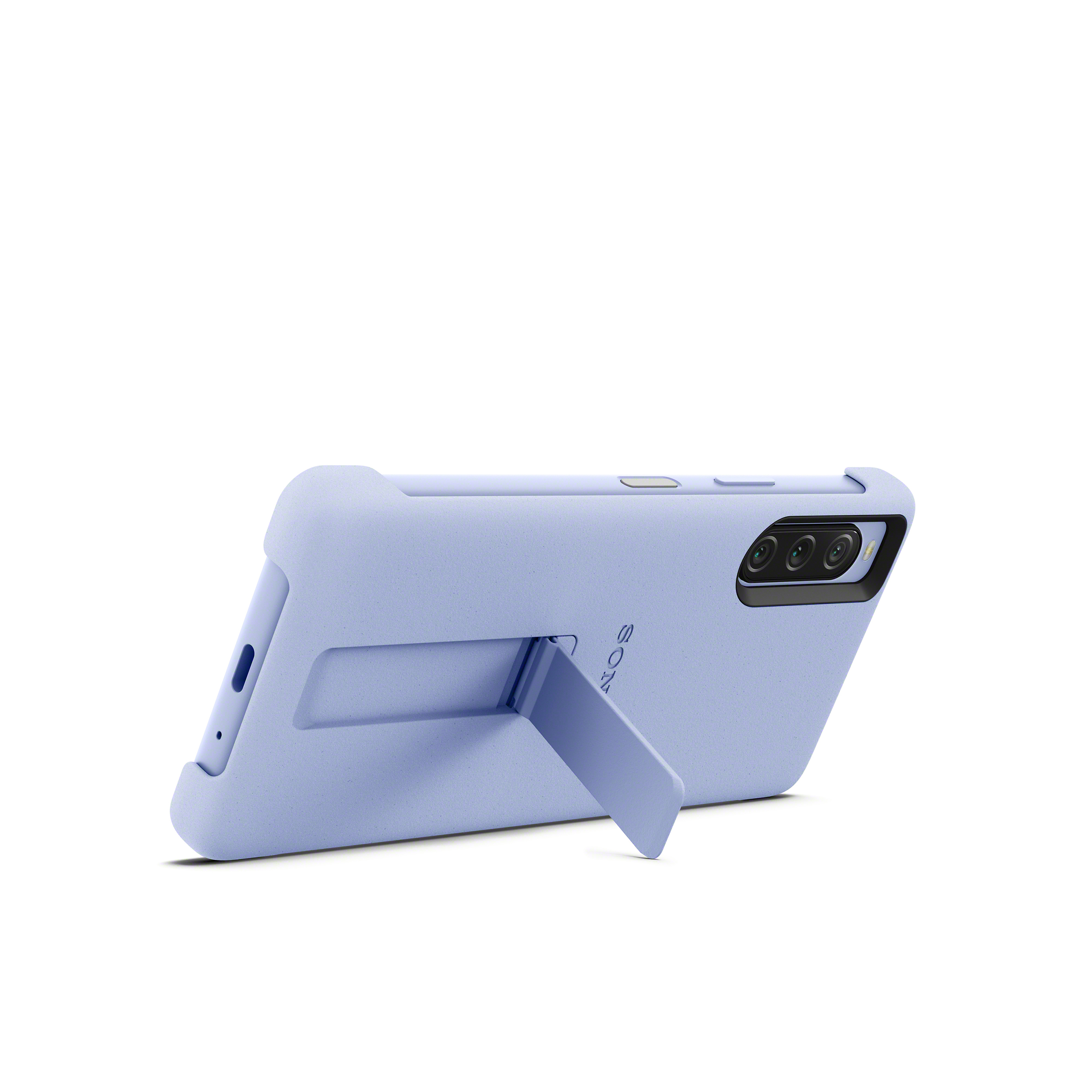薰衣草紫 Xperia 10 V 專用可立式時尚保護殼的背面視角，圖中已裝上手機，支架為合起狀態