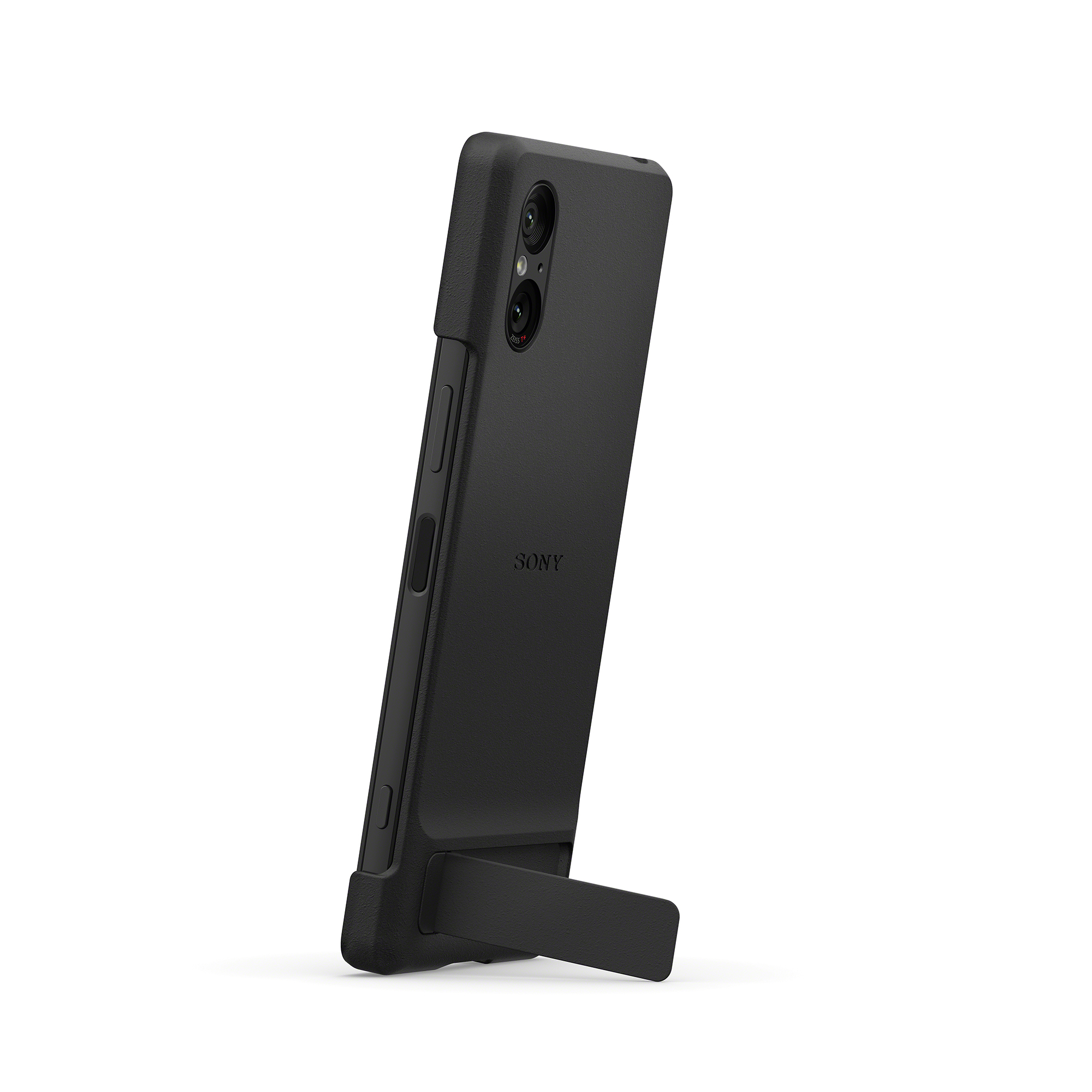 黑色 Xperia 5 V 圖，搭配黑色時尚保護殼，立架直向斜側背面圖示