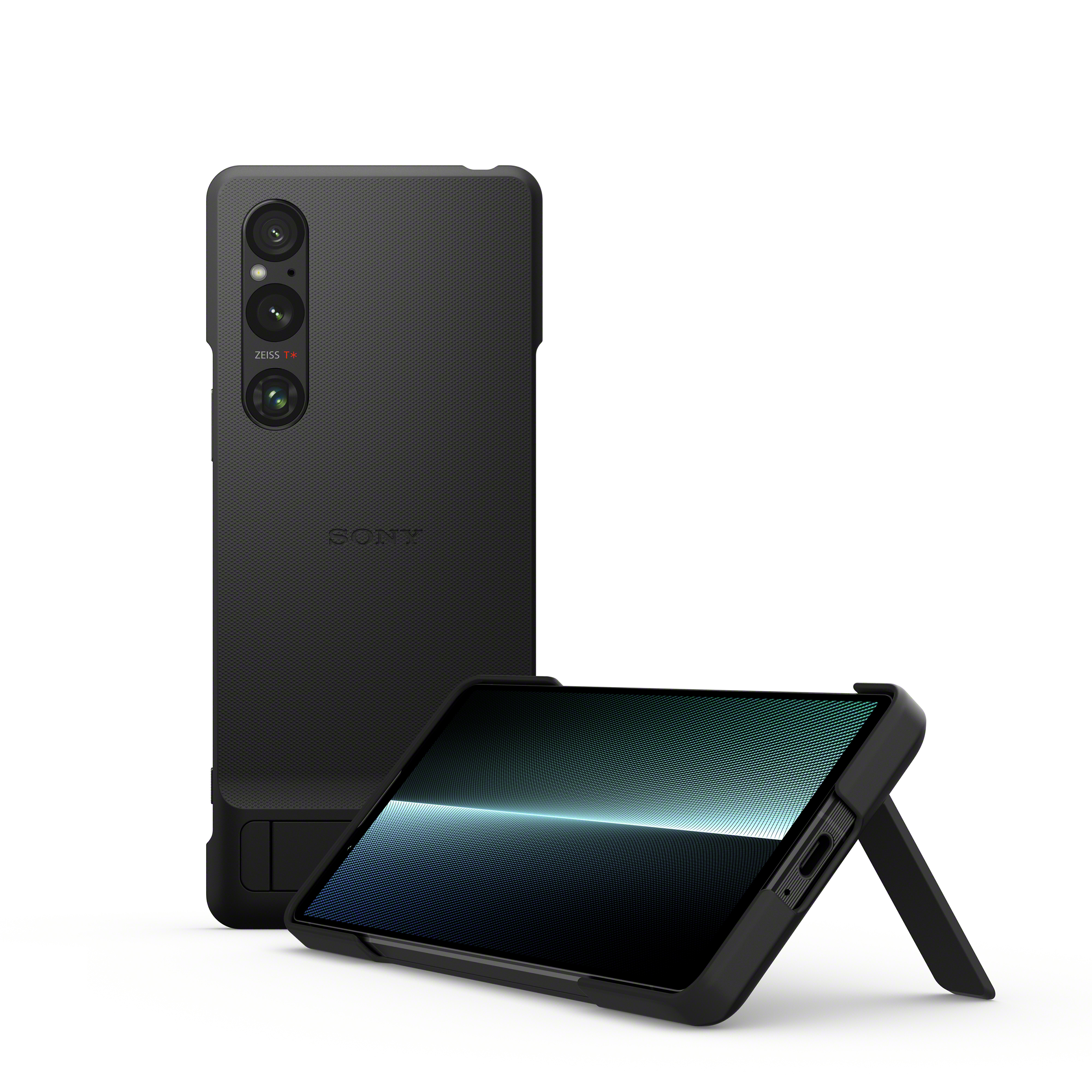 兩個黑色 Xperia 1 V 智慧型手機專用可立式時尚保護殼，一個直立，另一個橫放