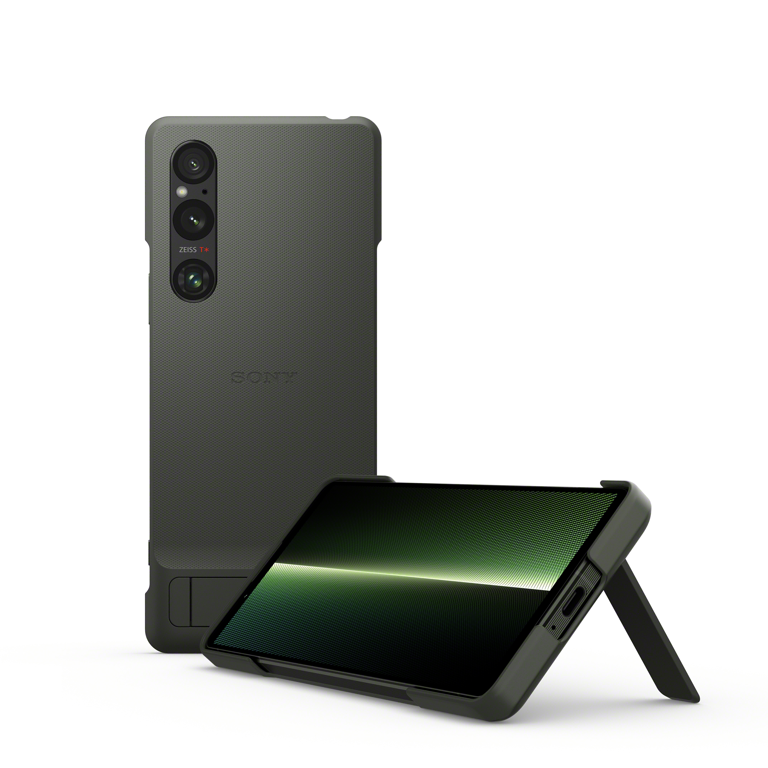 兩個綠色 Xperia 1 V 智慧型手機專用可立式時尚保護殼，一個直立，另一個橫放