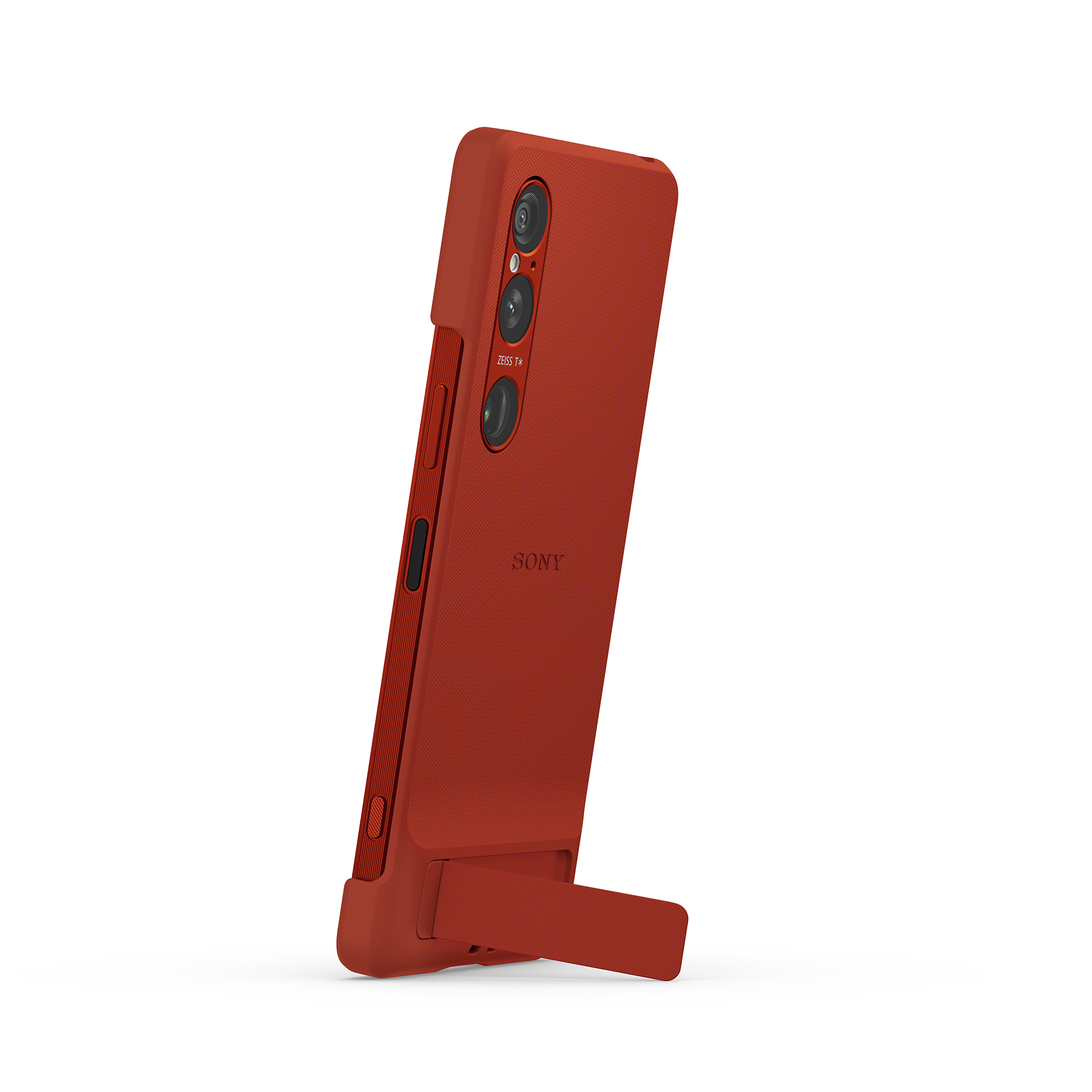 紅色Xperia 1 VI 時尚保護殼的圖片，顯示立架。
