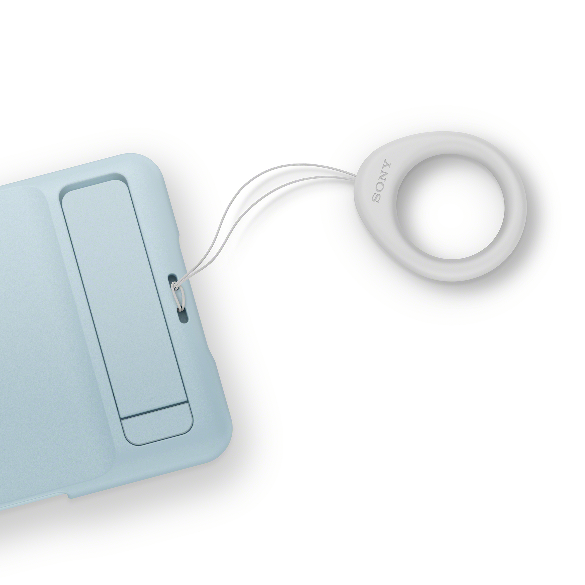 藍色 Xperia 10 VI 時尚保護殼的後視圖，顯示有環帶。