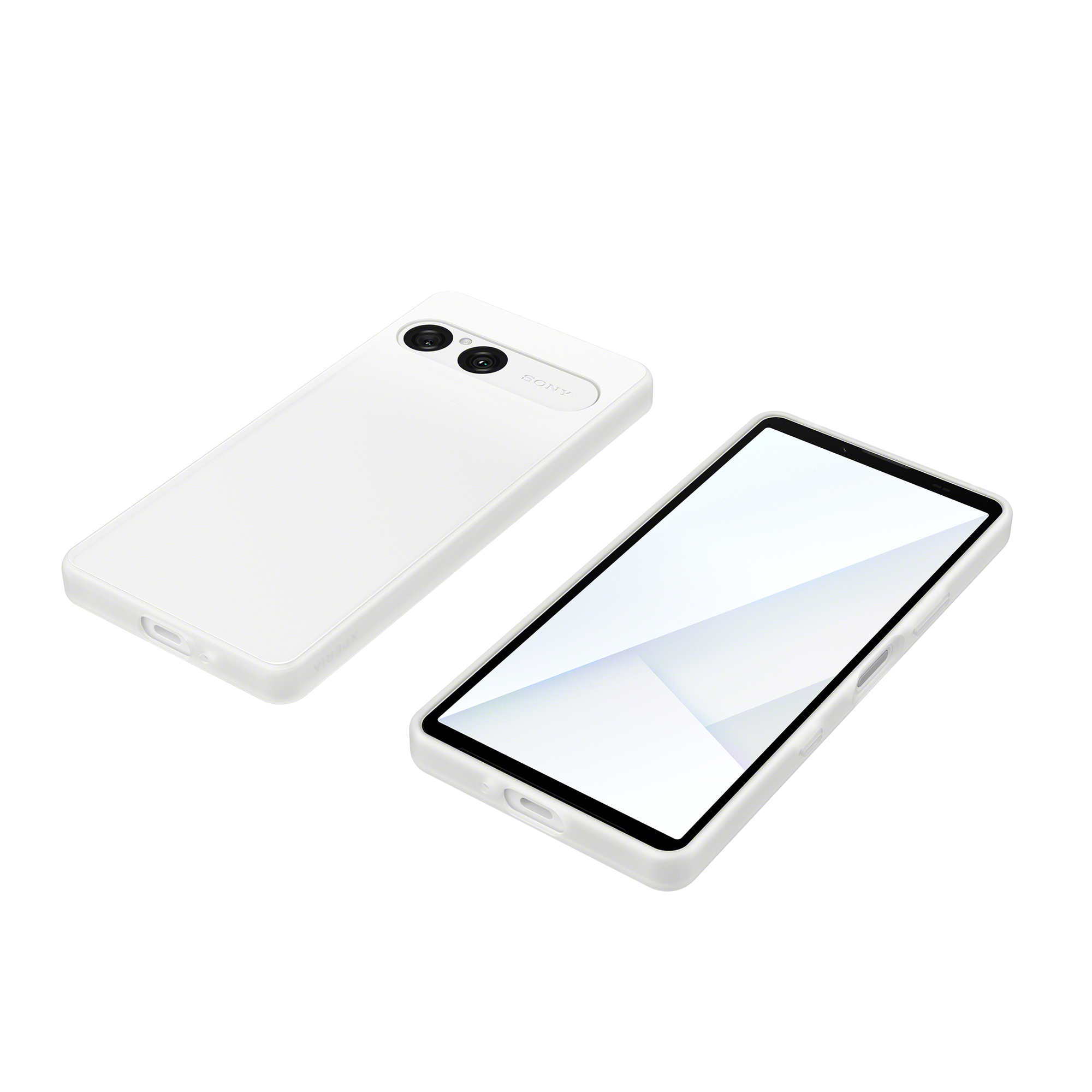 雪花白  Xperia 10 VII 時尚保護殼正面和背面的俯視圖。