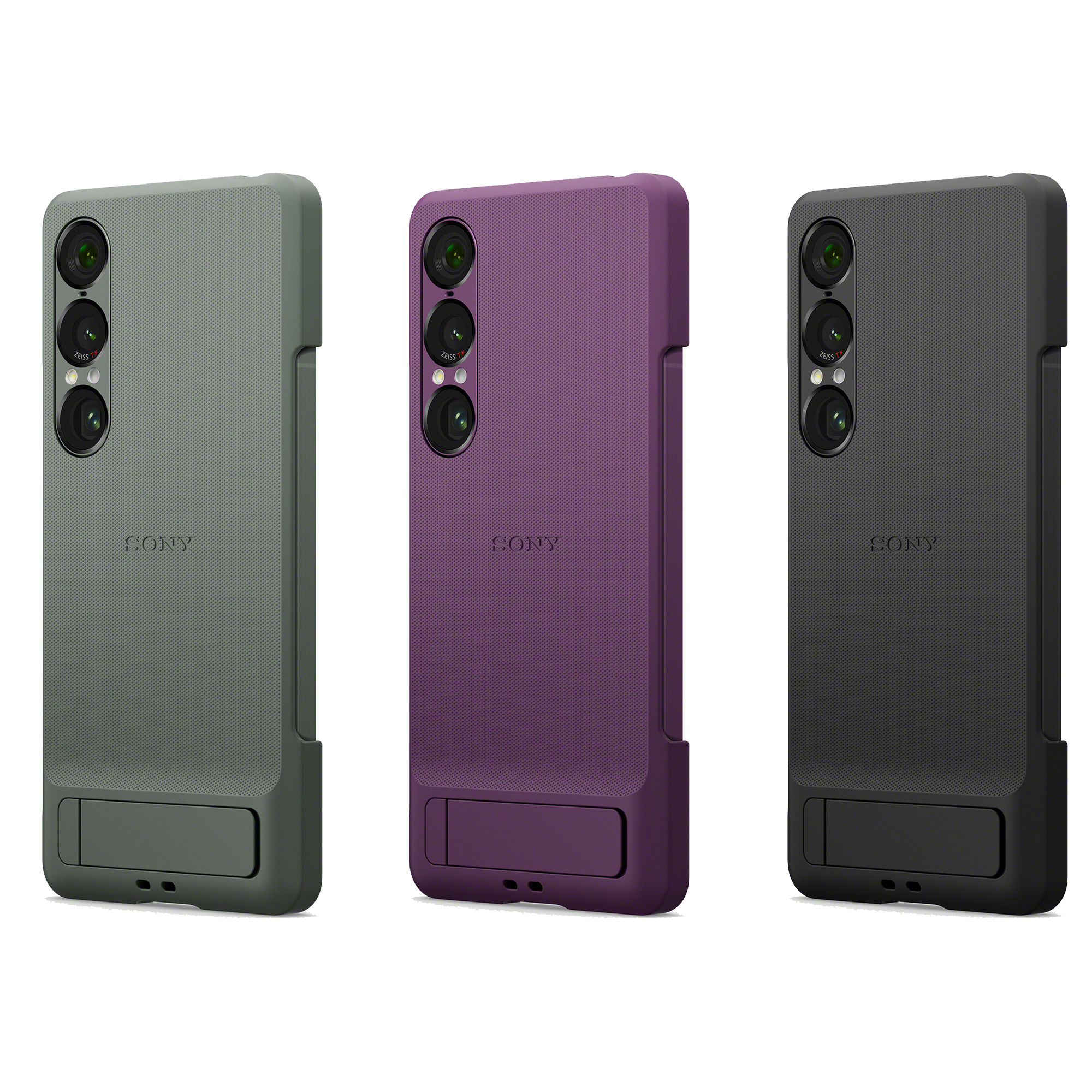  Xperia 1 VII 時尚保護殼三種顏色黑、綠、紫色豎立起來背面圖式