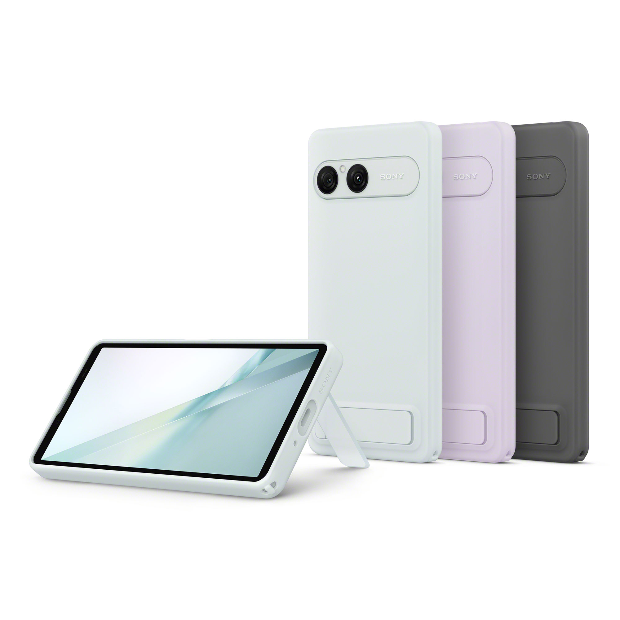 Sony Xperia 10 VIII 智慧型手機立架式保護殼影像，共有冰霜白、霧紫色和霧灰色三種顏色可選，展示立起和支撐手機的狀態