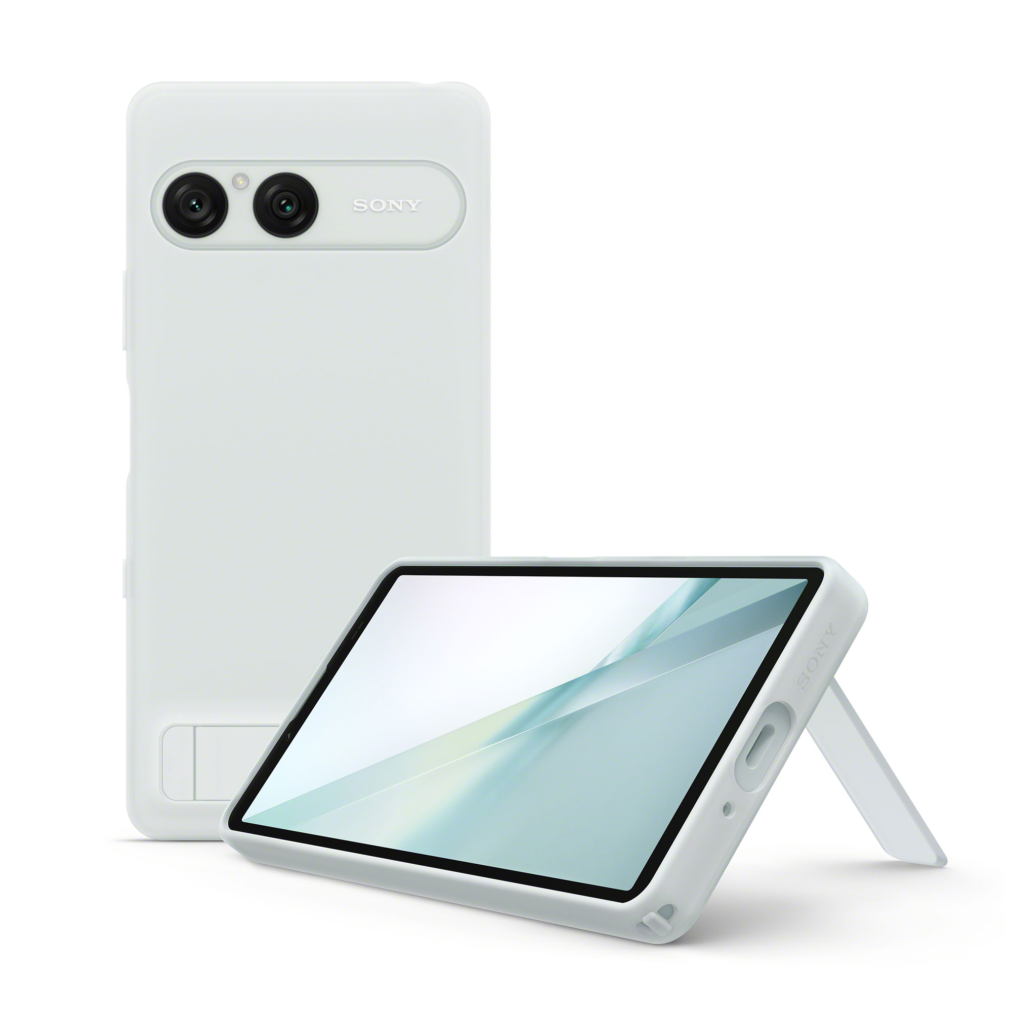 冰霜白 Sony Xperia 10 VIII 智慧型手機立架式保護殼影像，展示立起和支撐手機的狀態