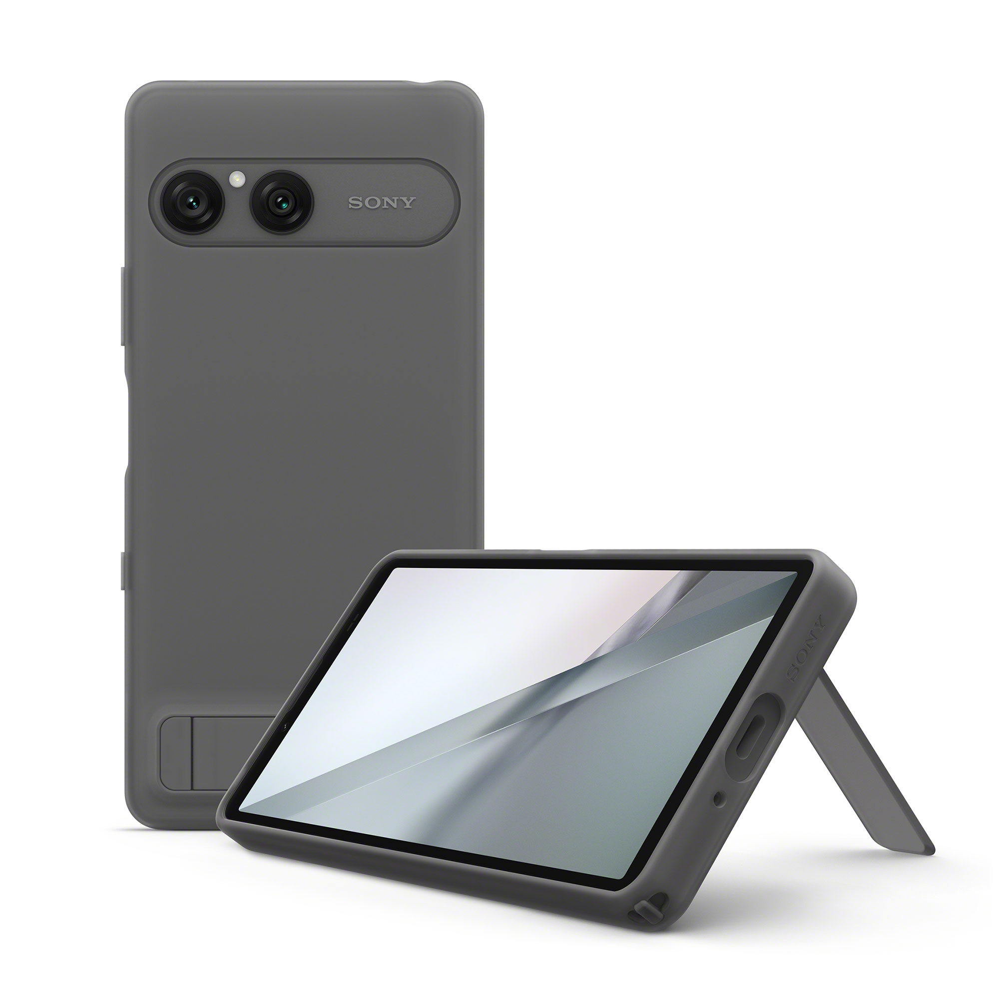 霧灰色 Sony Xperia 10 VIII 智慧型手機立架式保護殼影像，展示立起和支撐手機的狀態
